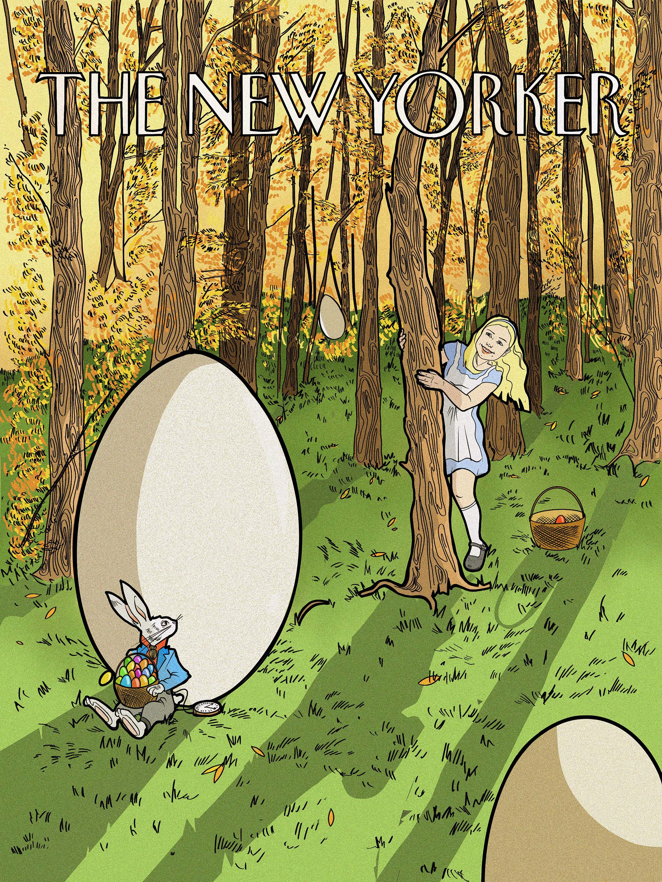 BA Illustration Art work by Catherine Perkins illustrating a speculative front cover for The New Yorker magazine translating Easter holidays. A young girl hides behind a tree trunk in a forest, peering around at the giant easter egg in front of her, which has a white bunny sat in front. A play on Alice in Wonderland.