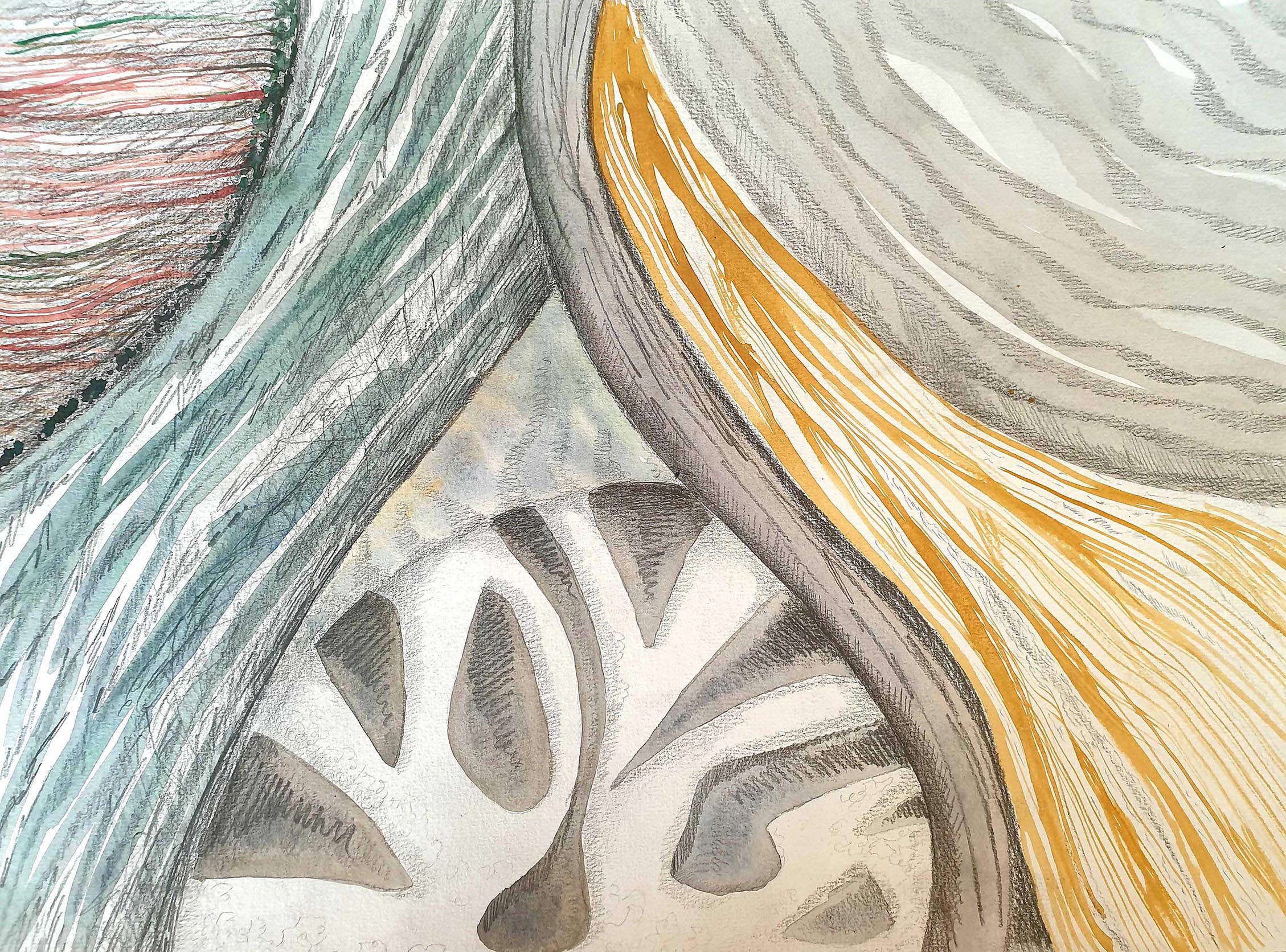 Watercolour and pencil drawing of flowing fabric like landscape with round organic shapes and patterns, small marks and shading, colours in soft ochre tones and greys.