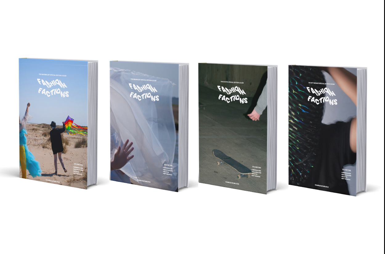 Four image based special edition book covers specific to each subculture visualised within the image book (Minimalism, Maximalism, Skate & NFT Nomad) .