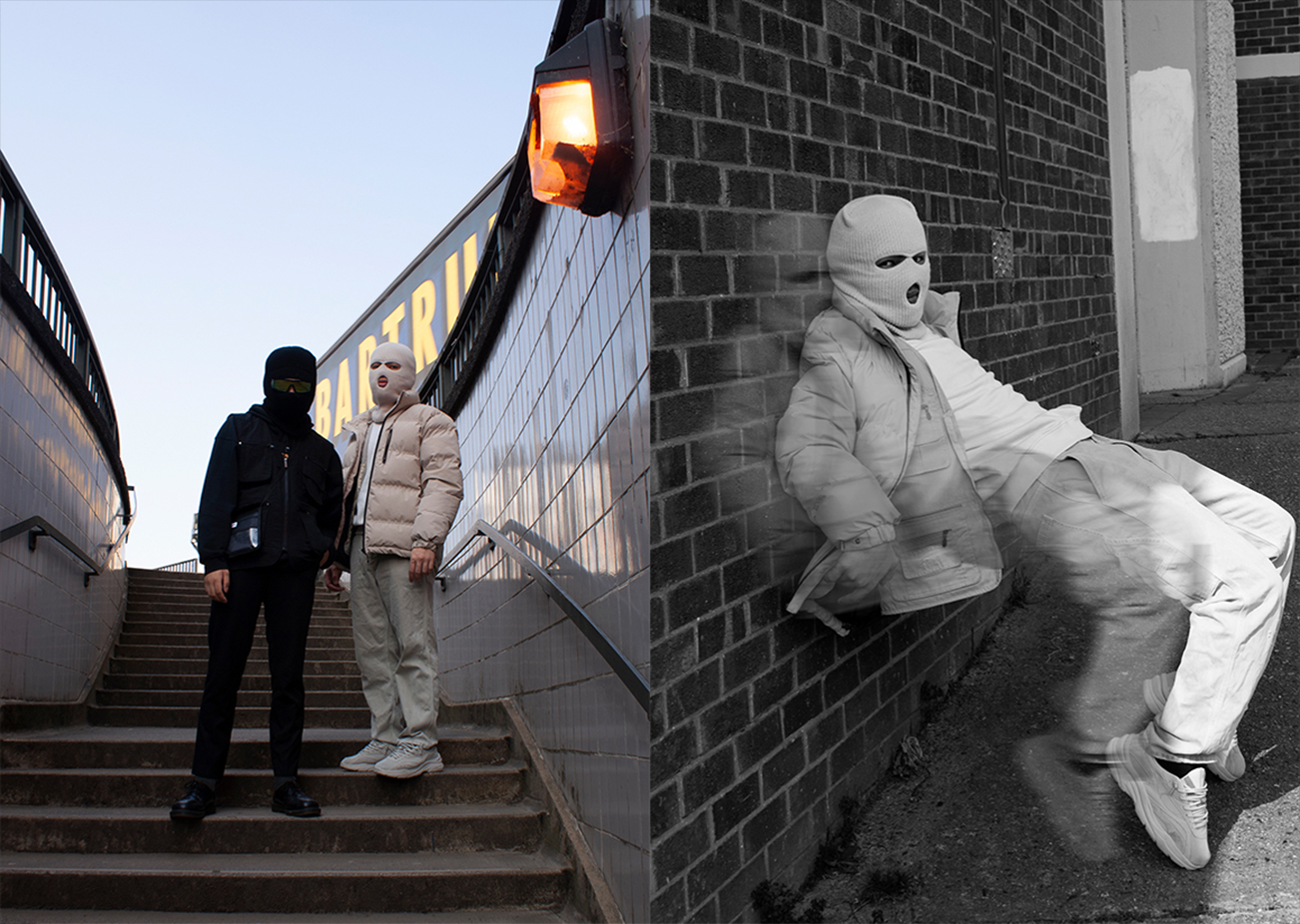 Two images of masked models with an urban aesthetic by Charlie Scurlock