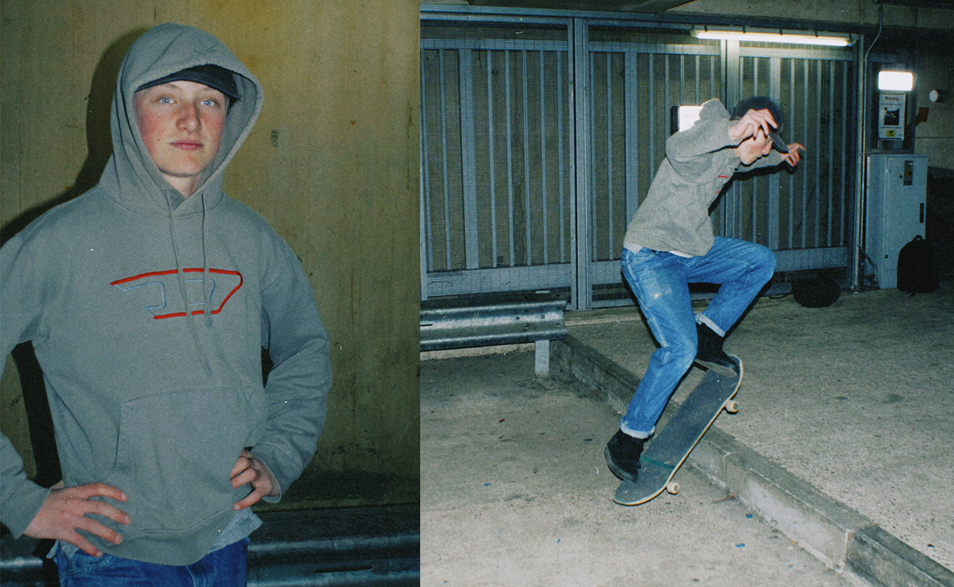 One portrait style image of a male skater shot on film and another of the skater doing a skate trick in a dark skatepark.