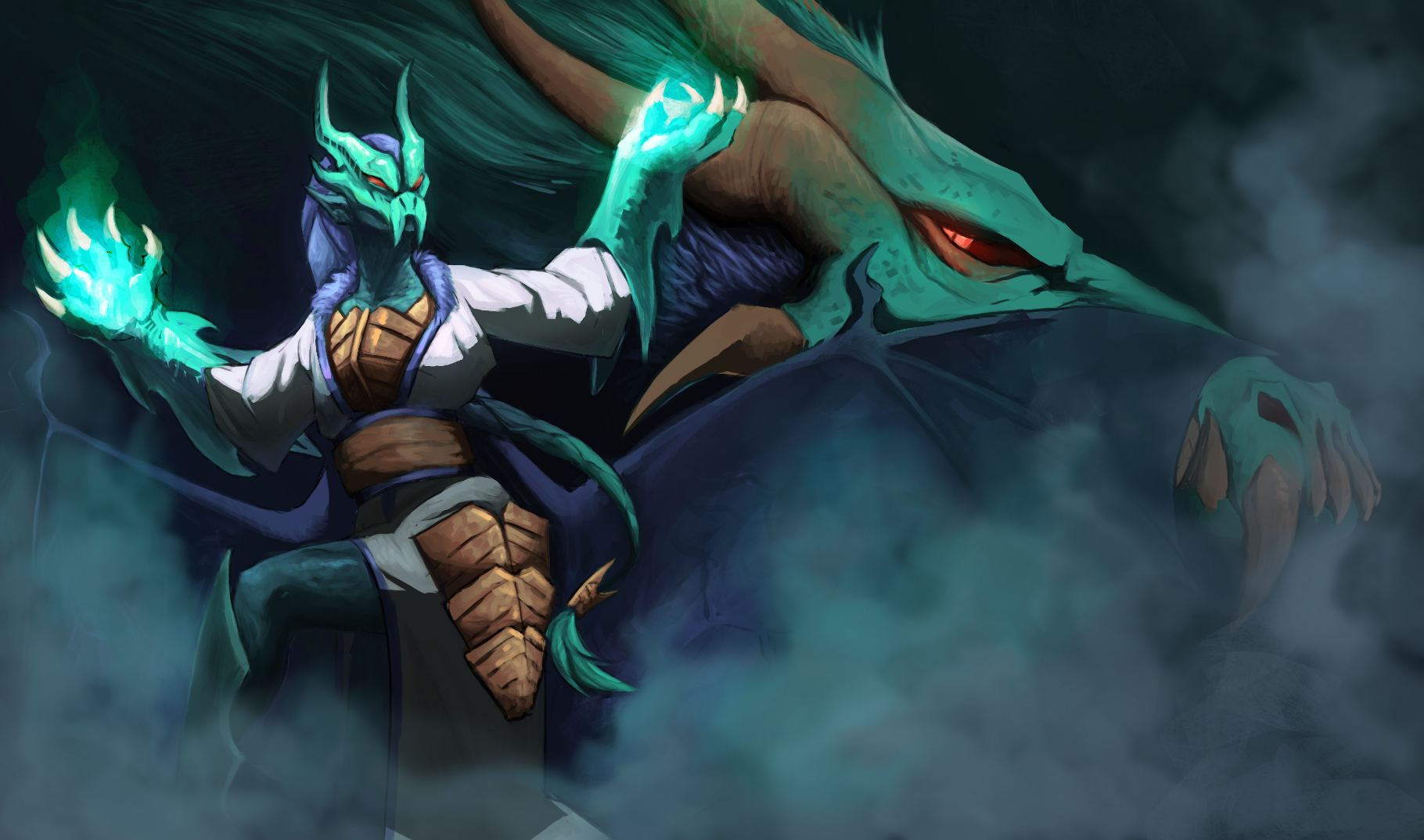 BA Games art Fan made Concept artwork by Charlotte Hinkins for League of legends champion Shyvana, shows Shyvana up front with a blue scaled dragon behind her.
