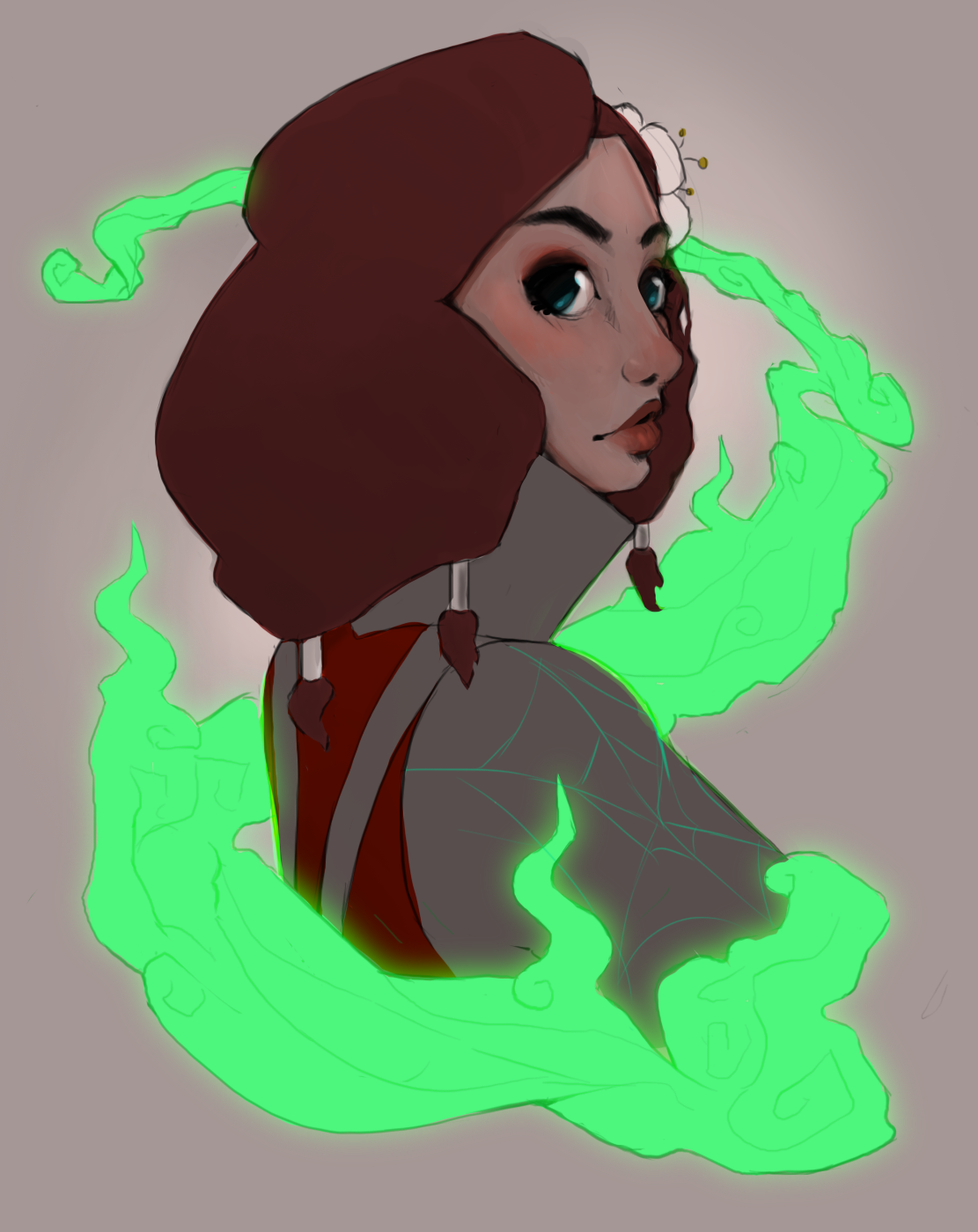 BA Games art student Charlotte Hinkins Personal work, A red-haired woman surrounded by vibrant green smoke.
