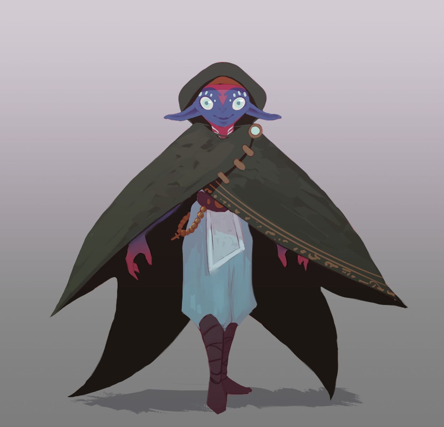 BA Games artwork by Charlotte Hinkins, Depicts a petite character with large ears and mystical body markings hiding under a large wing shaped cloak.