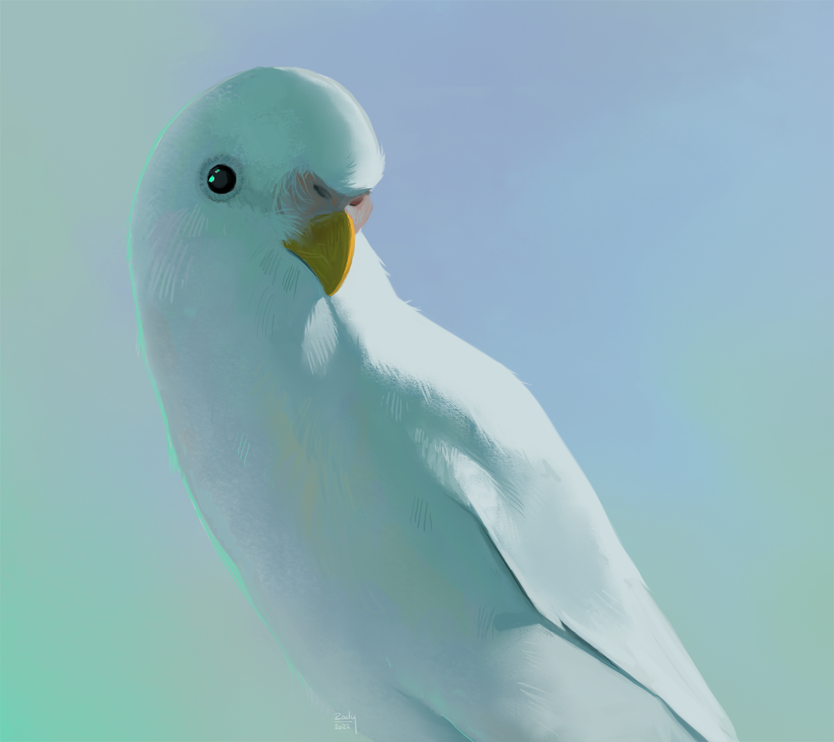 BA Games art student Charlotte Hinkins Personal work, A white Parakeet painted in vibrant opal colour palate