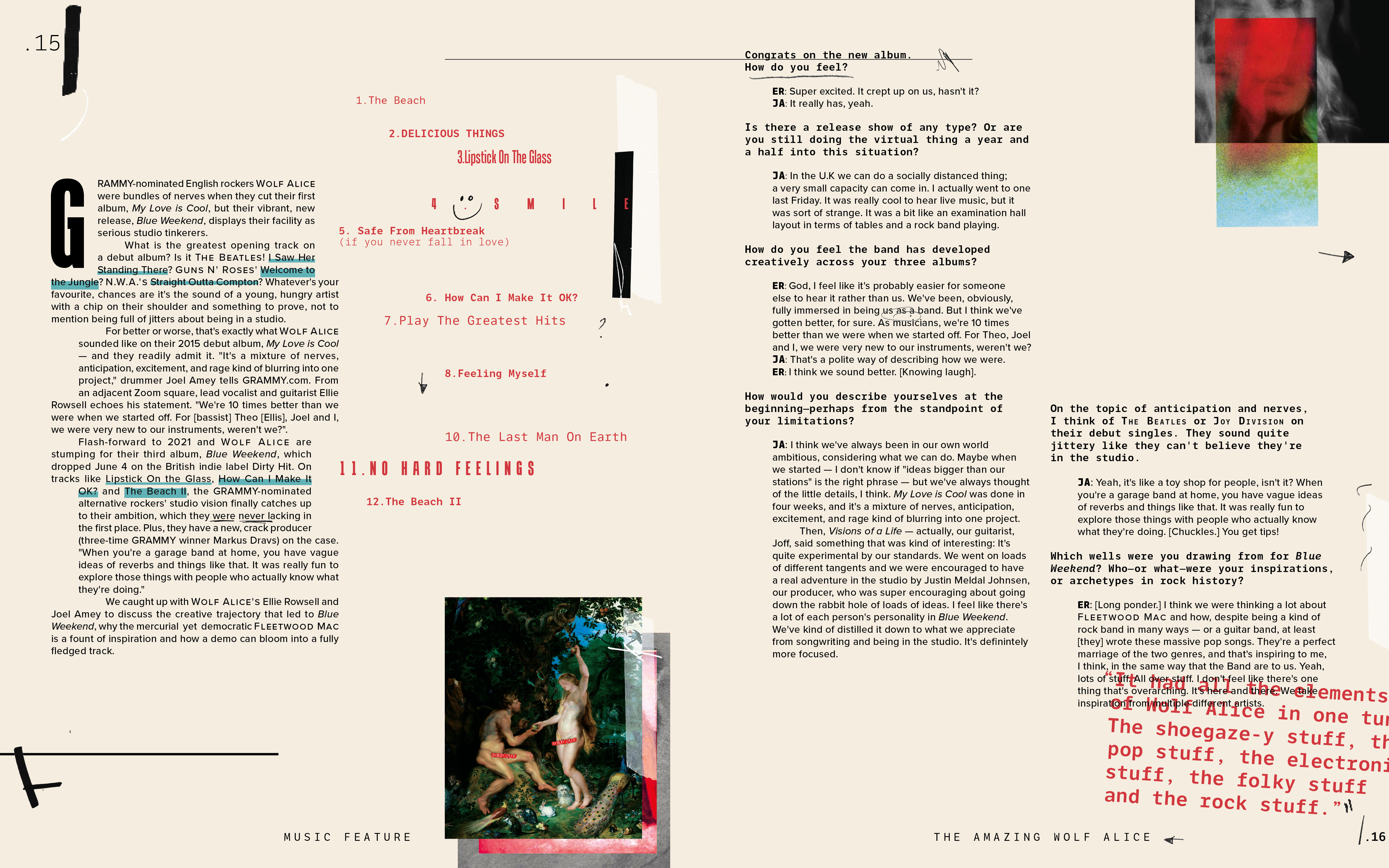 BA Design for Publishing work by Chloe Leeder showing a feature spread with a track list and interview, with accompanying playful image content.