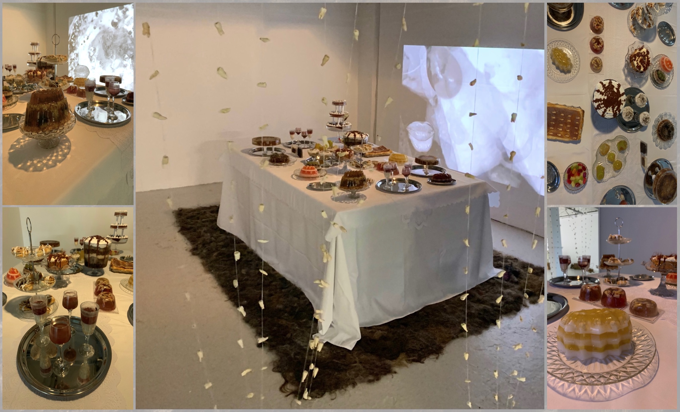BA Fine Art work by Chloe Lees showing an installation of of a grotesque dessert buffet including foods, bodily remnants, a rug of human hair and a projected film work.