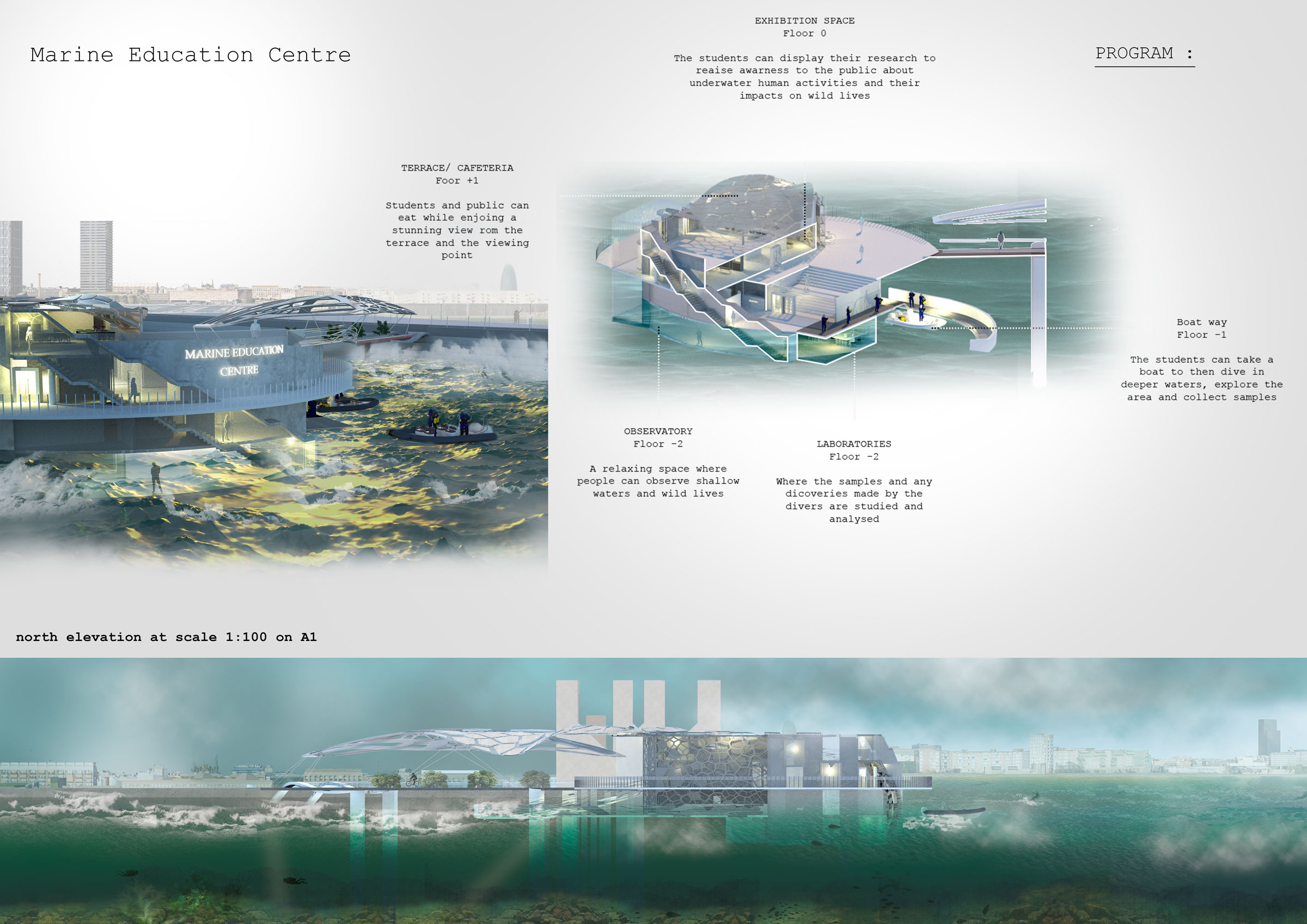 BA Architecture work by Chloe Pegeot showing Renders of The Marine Education Centre