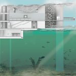 BA Architecture work by Chloe Pegeot showing a section of the marine education centre showing some technical details and rooms within the building