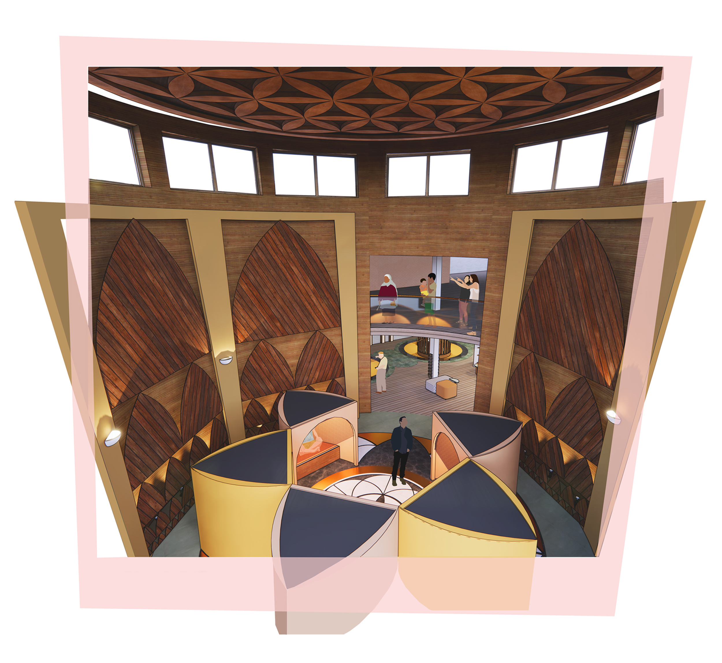 BA Interior Design work by Chloe Read showing a 3D rendered perspective of the Spiritual Space.