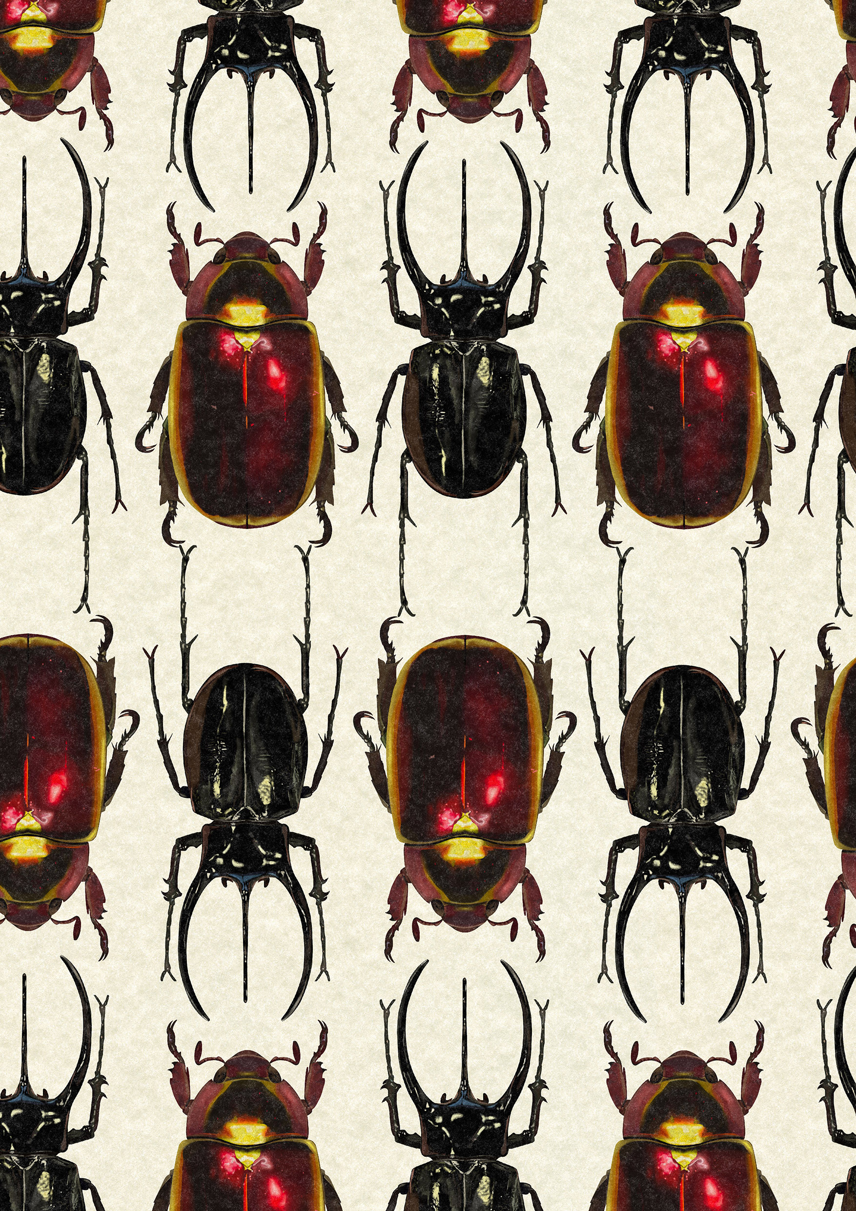 BA Illustration work by Chloe Smith showing an alternating pattern between the black Caucasus Beetle and red holographic Golden Scarab Beetle