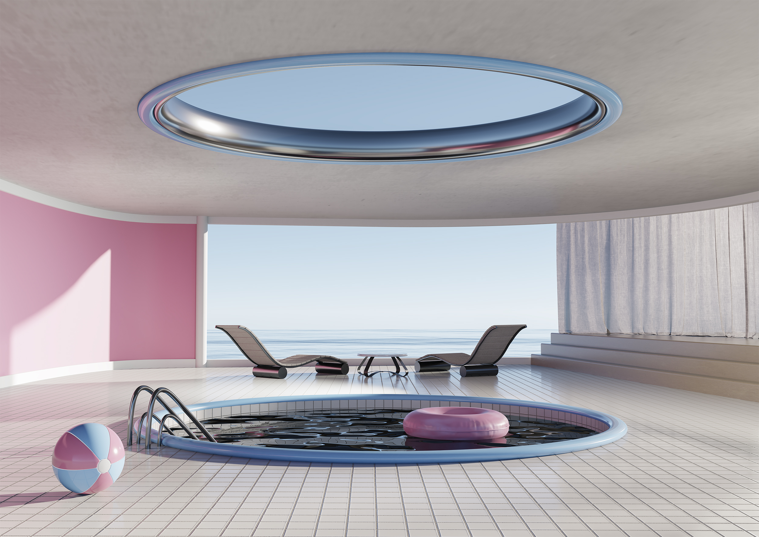 BA photography work by Chris Gardiner depicting a 3D render of a swimming pooler with a pink rubber ring, pink and blue beach ball and 2 chairs behind the pool.