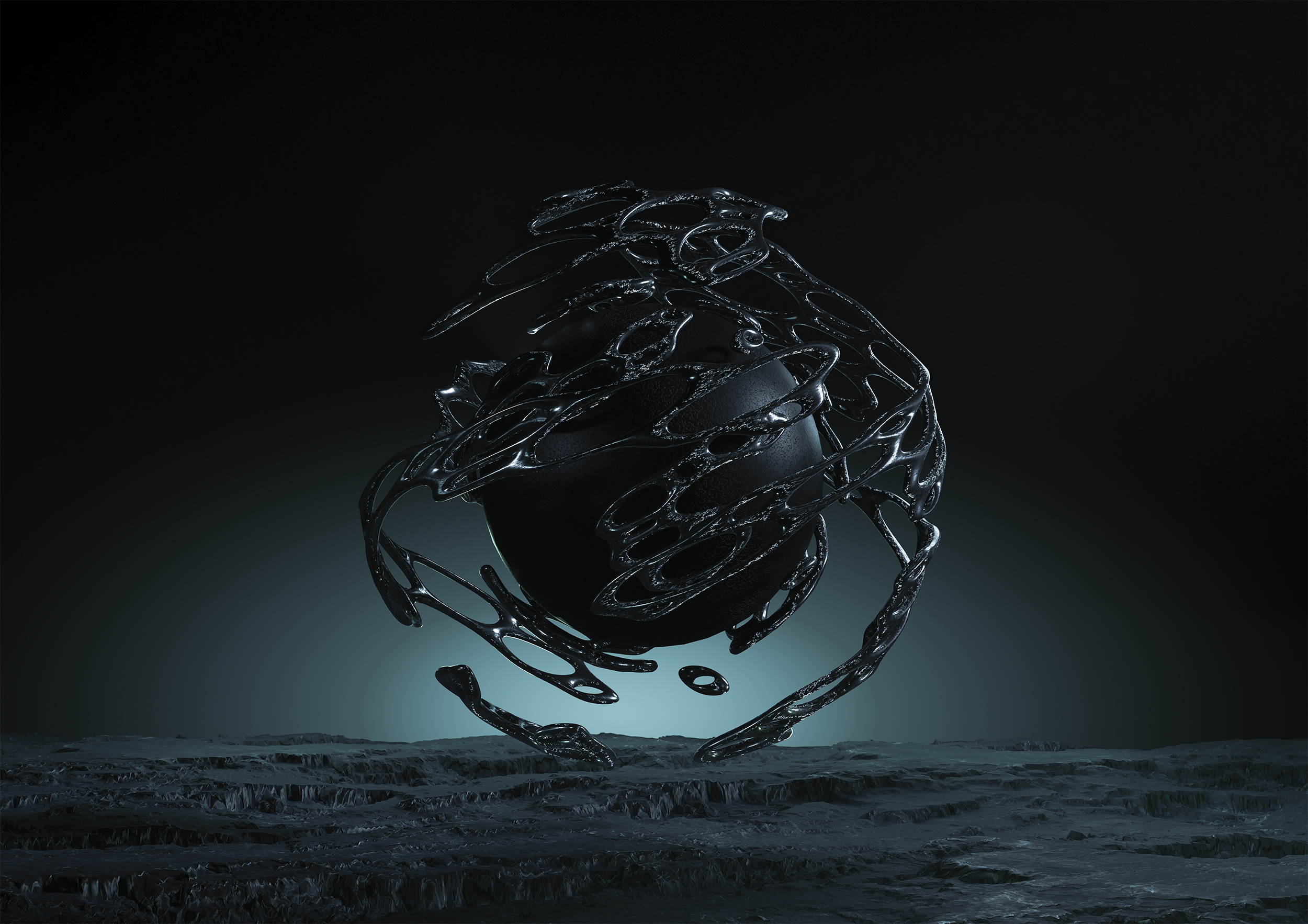 BA photography work by Chris Gardiner depicting a render of a floating, metallic, abstract orb, in a dark environment.