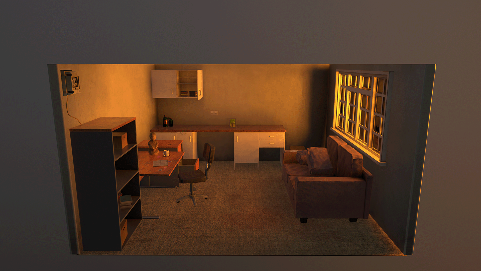 A 3D modelled space at sunset with cabinets, a desk, and a chair on the left and a sofa below a window letting in light on the right.
