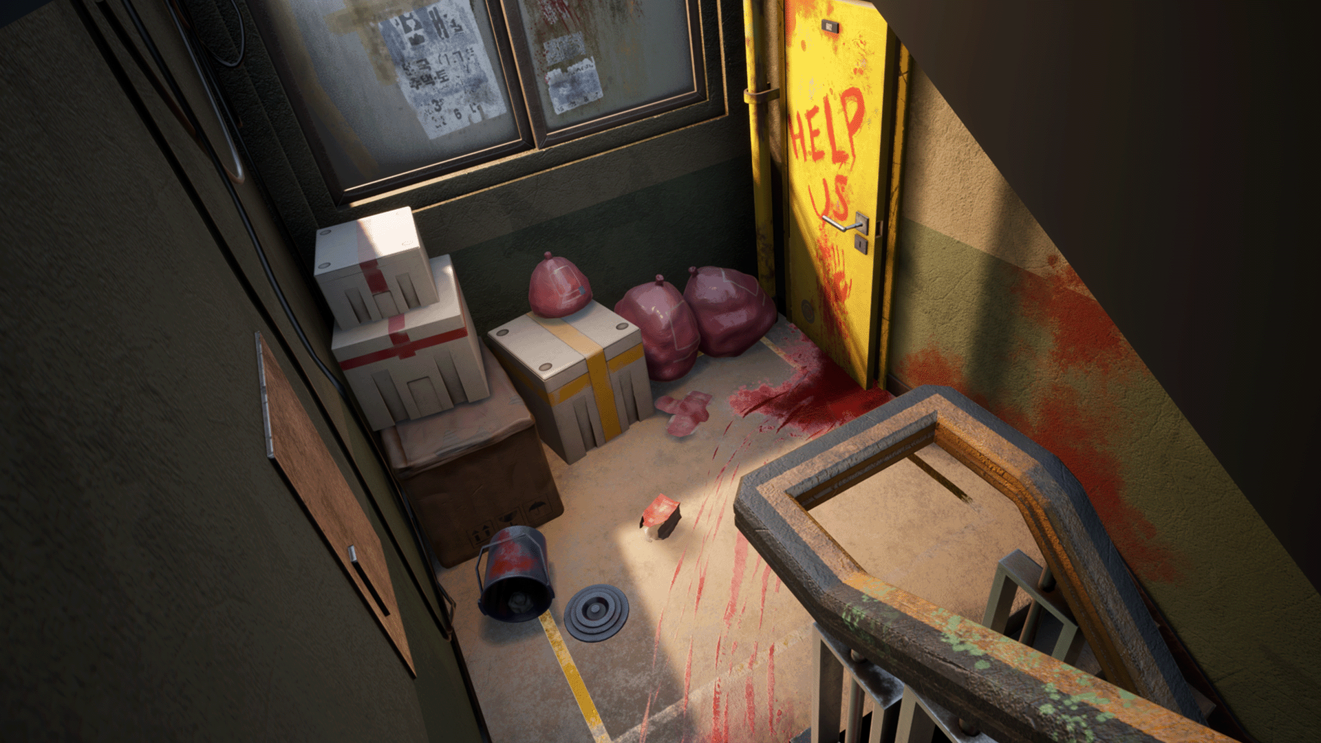 A 3D modelled scene of an ominous abandoned stairwell with blood trailing towards a yellow door with the words Help Us on it with a handprint.