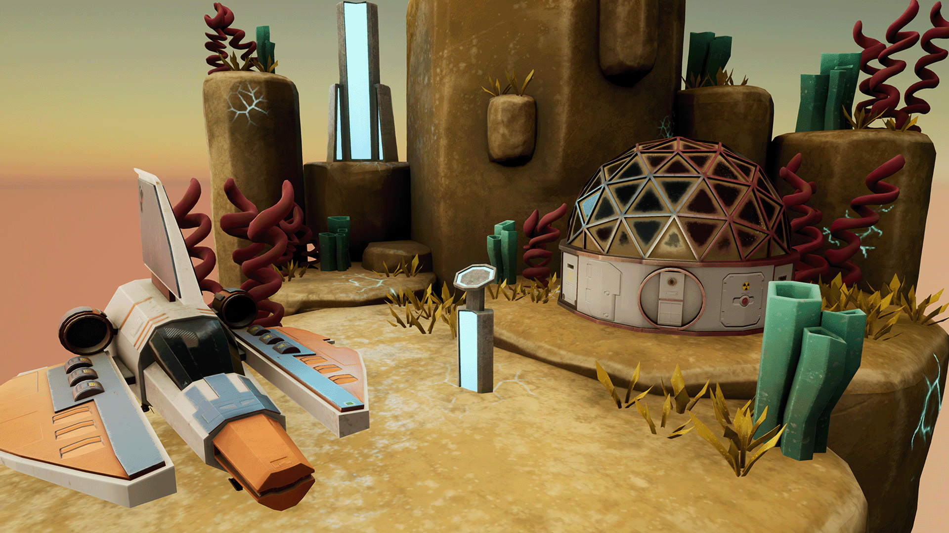 A 3D modelled space scene of colourful plants on a orange rocky world with a spaceship, base and blue glowing stone obelisks.