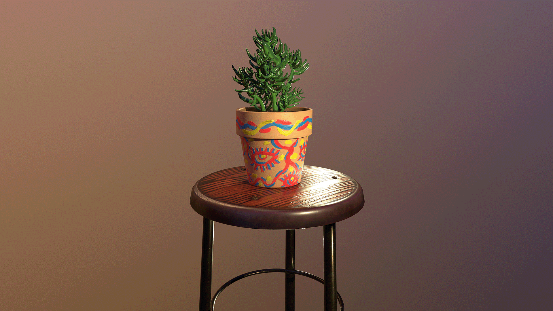 A video render of 3D modelled green succulent on top of a brown three-legged stool.