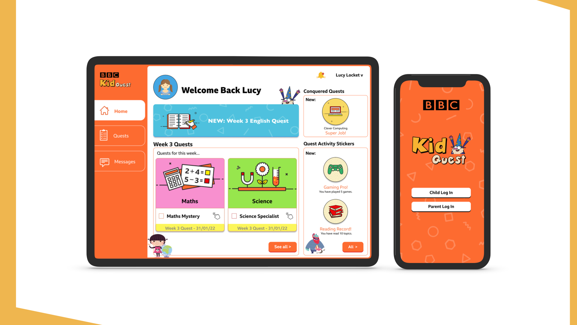 BSc UX work by Claire Allen showing user interfaces for a children's learning platform