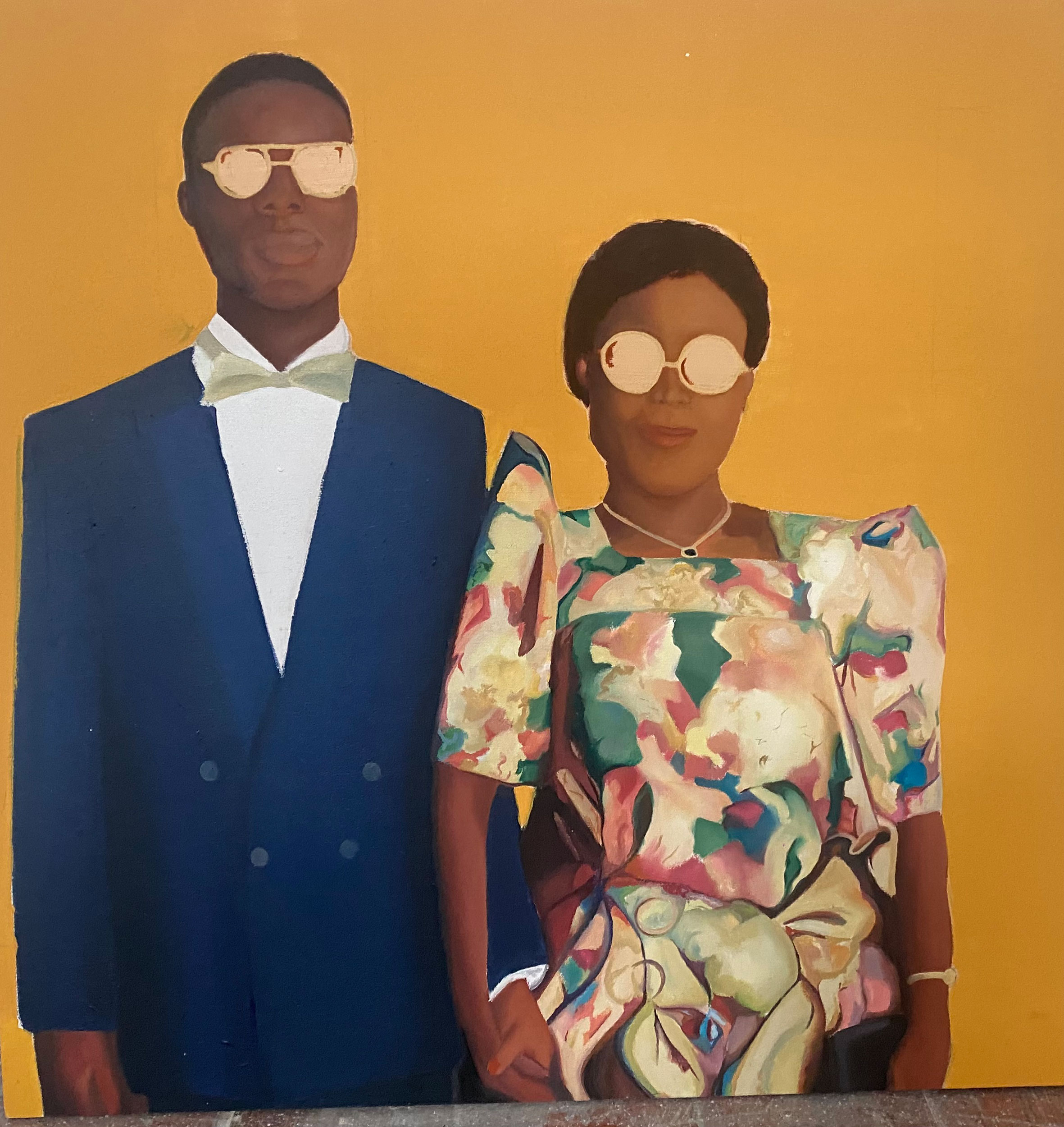BA Fine Art work by Clara Mukasa. Two subjects dressed formally, one in a suit to the right, the other in a patterned garment on the left.