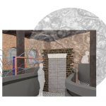 Interior design work by Daisy Parkes, a rendered visualisation of a window covered by a brick projection illustrating window tax. Electrical wires can also be seen travelling above the attractions.