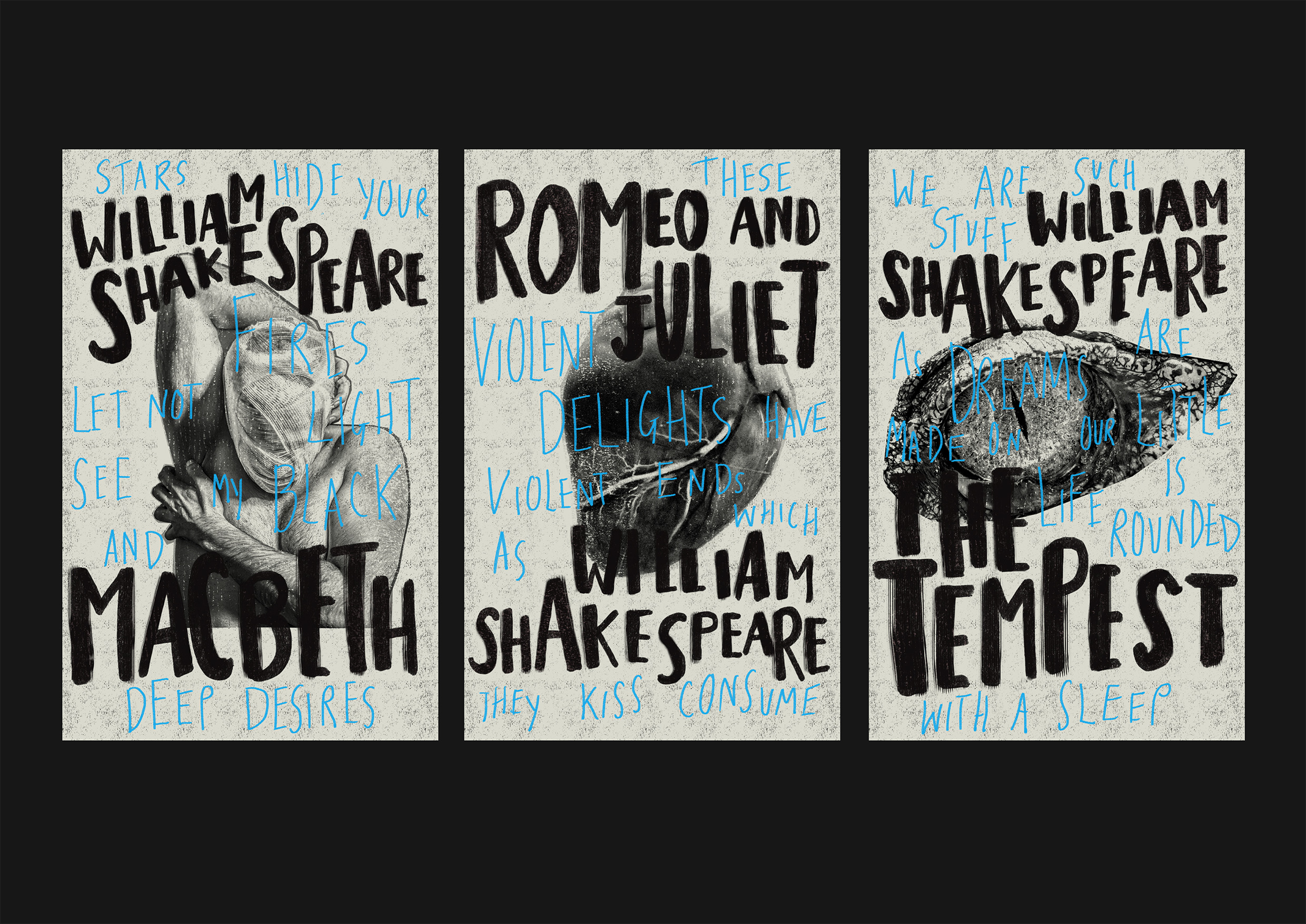 A series of book covers based on plays by Shakespeare created by Daisy woods. A eerie typographic treatment is used as the main design.
