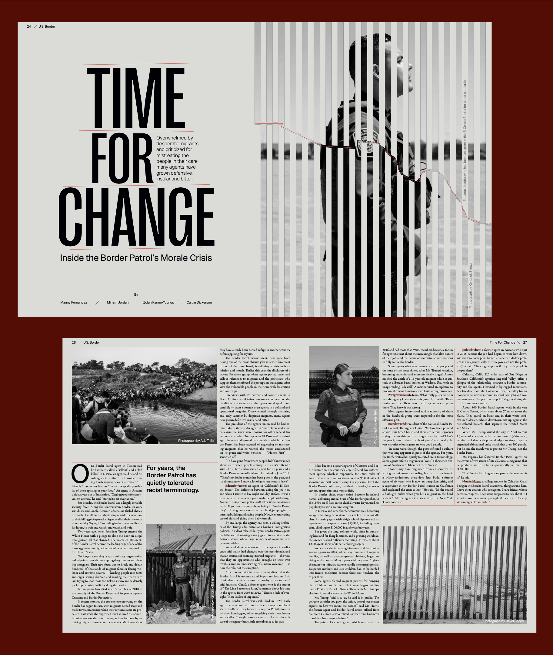 BA Graphic Design work by Daniel Matyus showing a magazine editorial of the border controls at the US-Mexican Border.