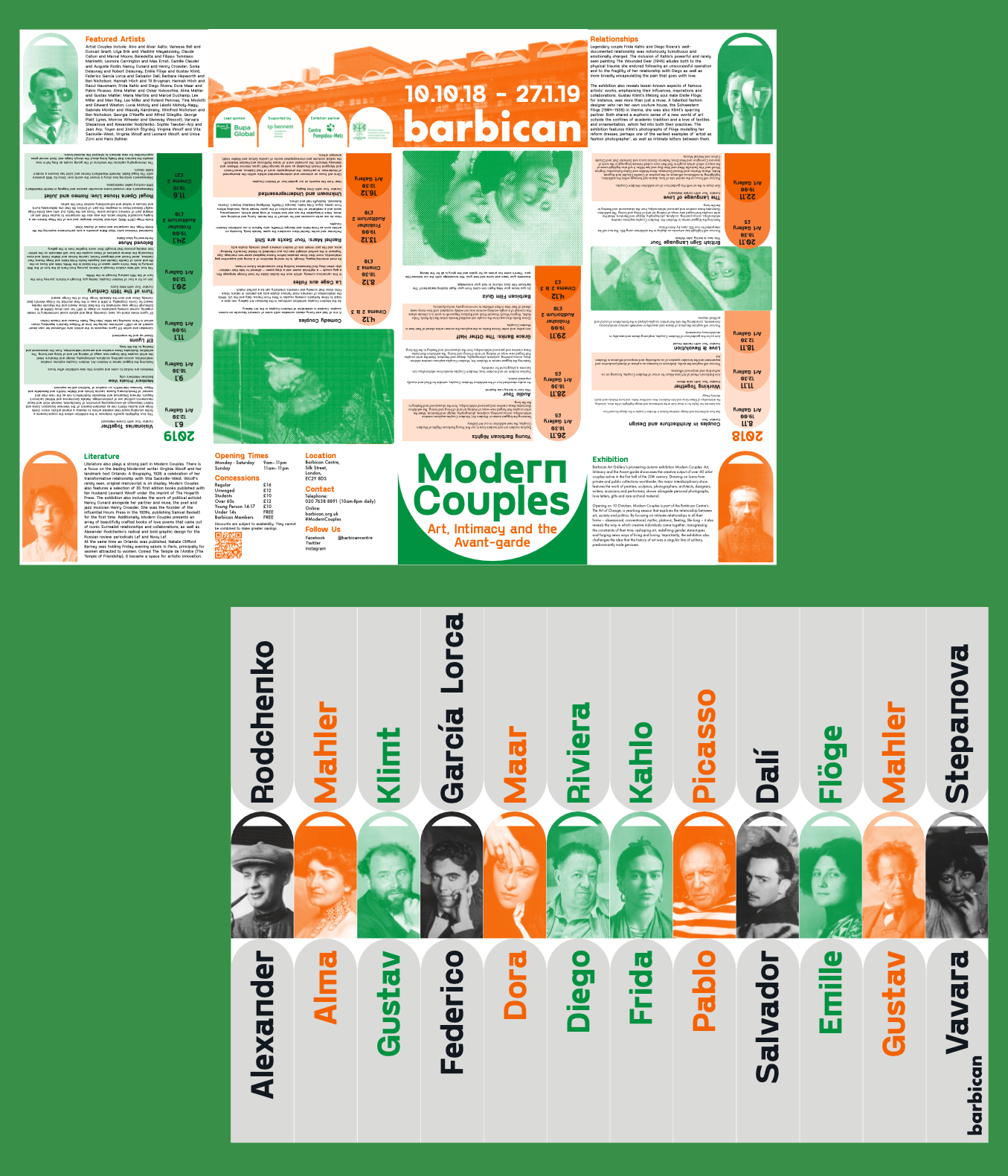 BA Graphic Design work by Daniel Matyus showing a museum broadsheet for the Barbican Museum for their Modern Couples Event.