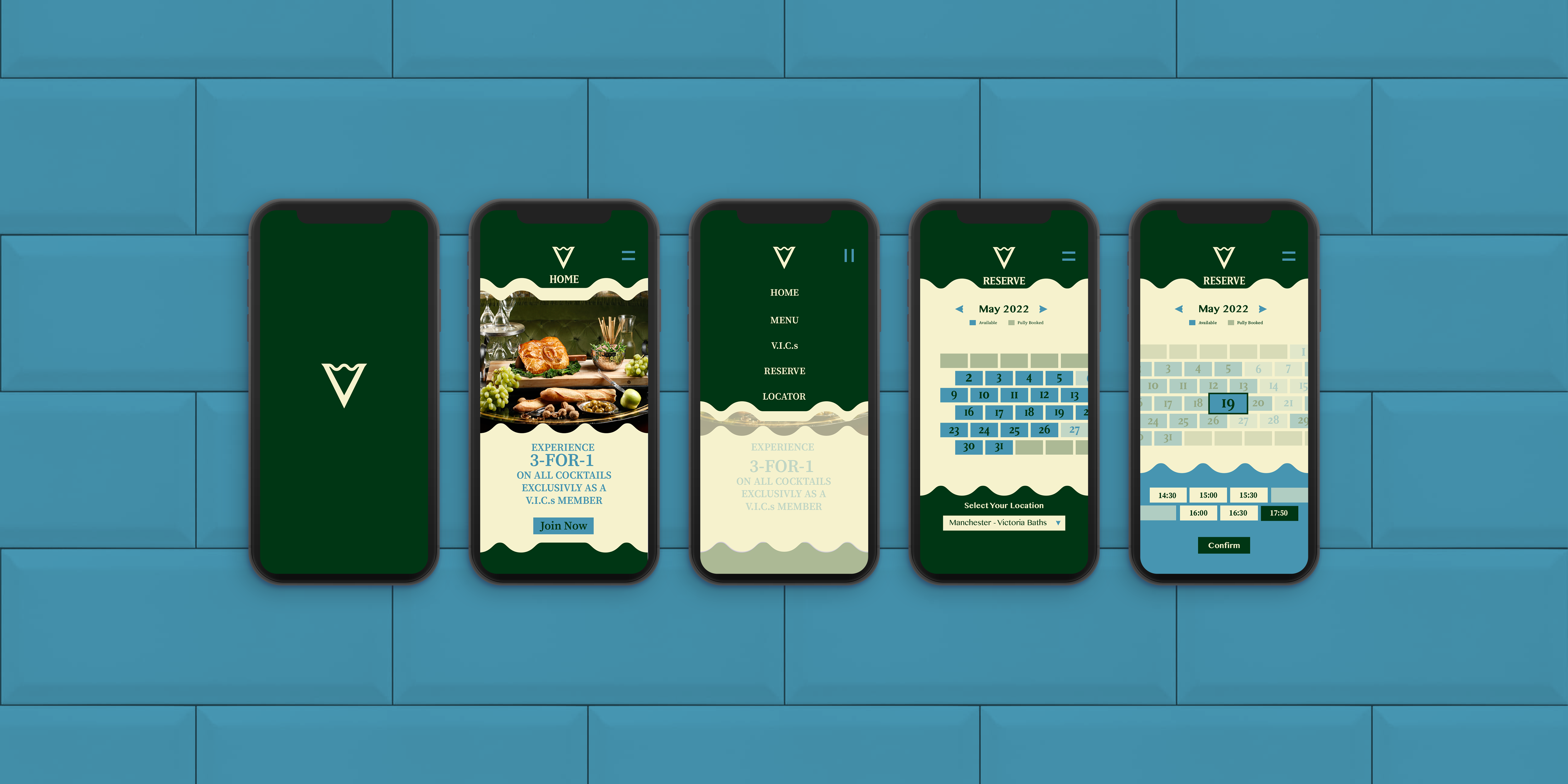 Graphic Communications work by Daniel McBrien. 5 Phones next to each other displaying an in app experience. With an emphasis on the waves shown on screen.