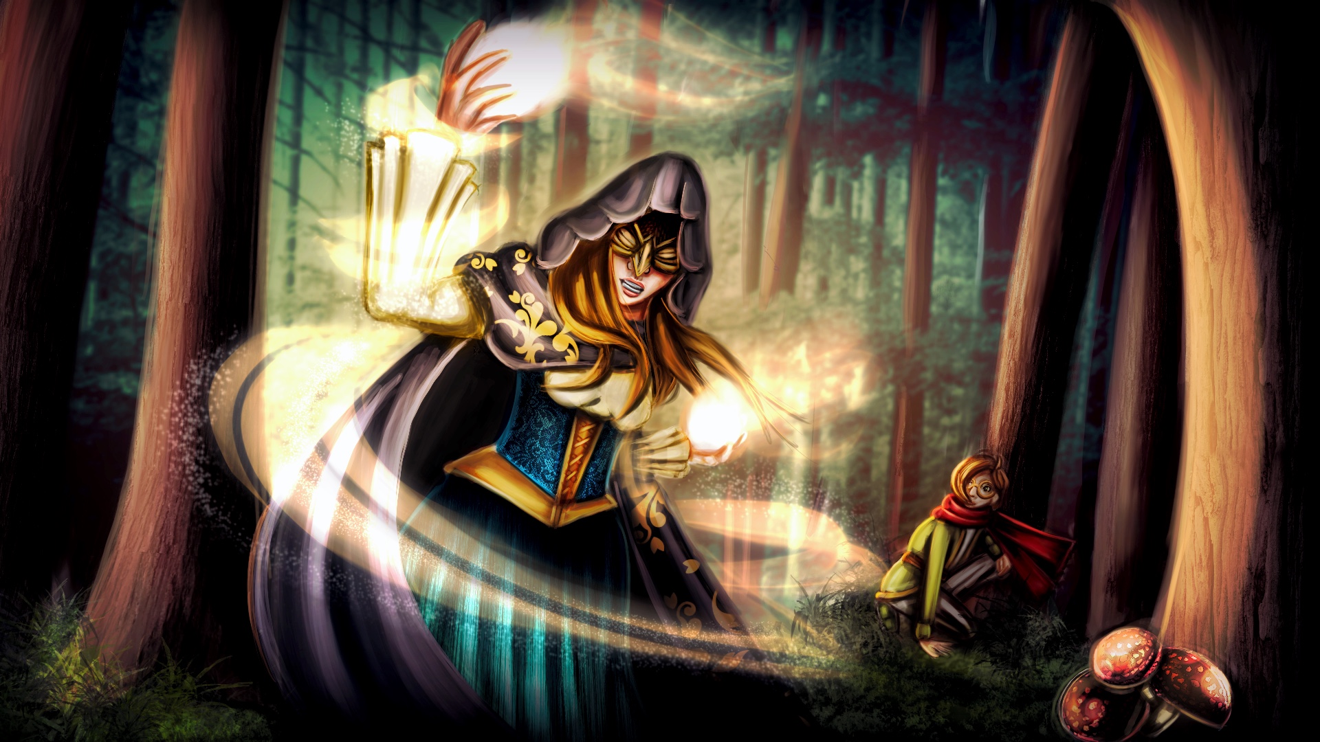 A landscape digital painting showcasing two figures, one dressed royally in the foreground surrounded by bright lights, whilst behind her slouches a younger, less dignified figure. They are both situated in a forest.