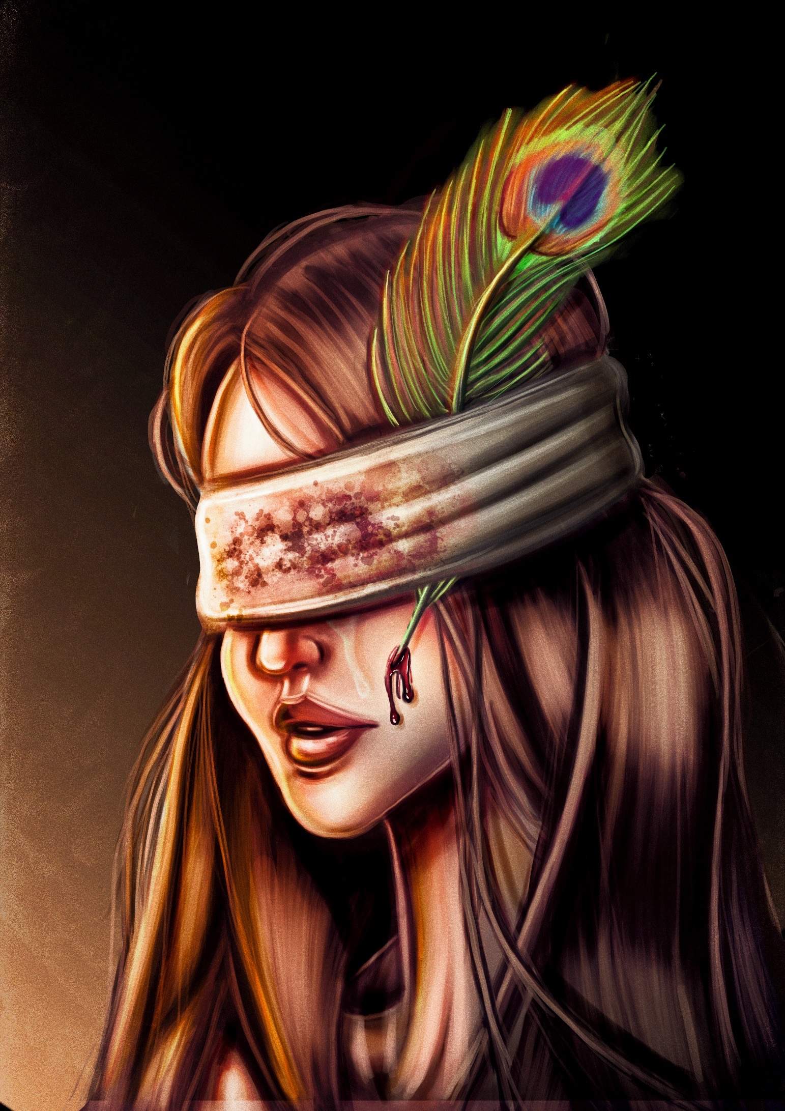 A digital portrait of a young woman. Her hair is a tangled mess while a bloodied blindfold hides her eyes. A lone peacock feather lays underneath, piercing her cheek enough to cause a drop of blood to form.