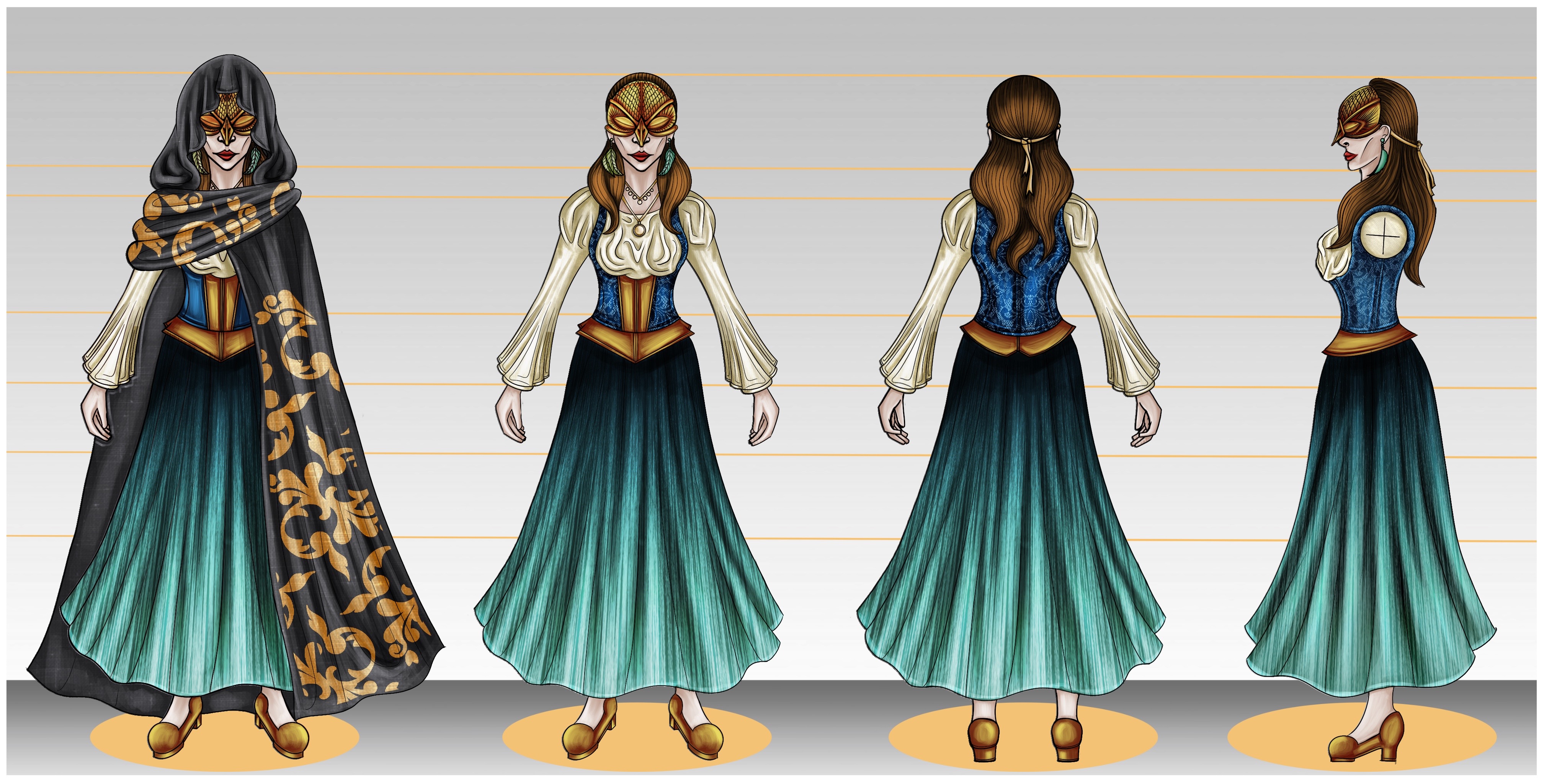A landscape sheet featuring the same woman from four different angles: Front, Back, left-side, and right-side. The front view is duplicated to show a caped variant.
