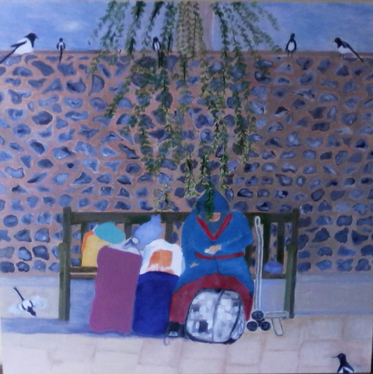 ACRYLIC PAINTING BY DIANE GRANTHAM, THE BAG LADY , SITTING ON A BENCH SURROUNDED BY HER MANY BAGS IN FRONT OF A LARGE FLINT WALL BY THE CATHEDRAL, WITH SEVEN MAGPIES SURROUNDING HER, ON WALL, PATH AND ONE JUST LANDING NEAR HER