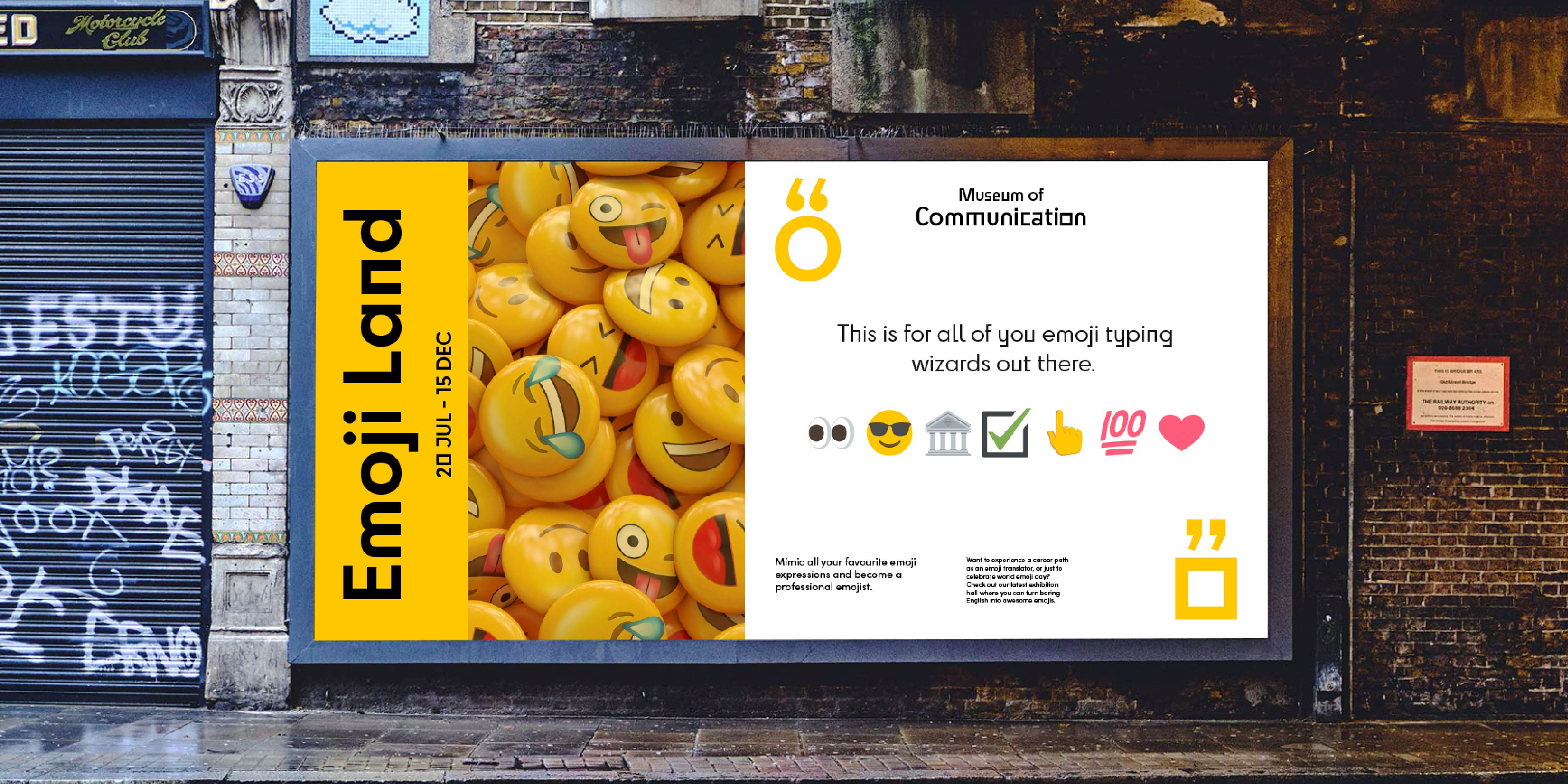 Graphic Communication work by Dominik Sobolewski showing a museum branding created for The Museum of Communication. A billboard poster containing a photograph of emoji face badges, and text about the museum.