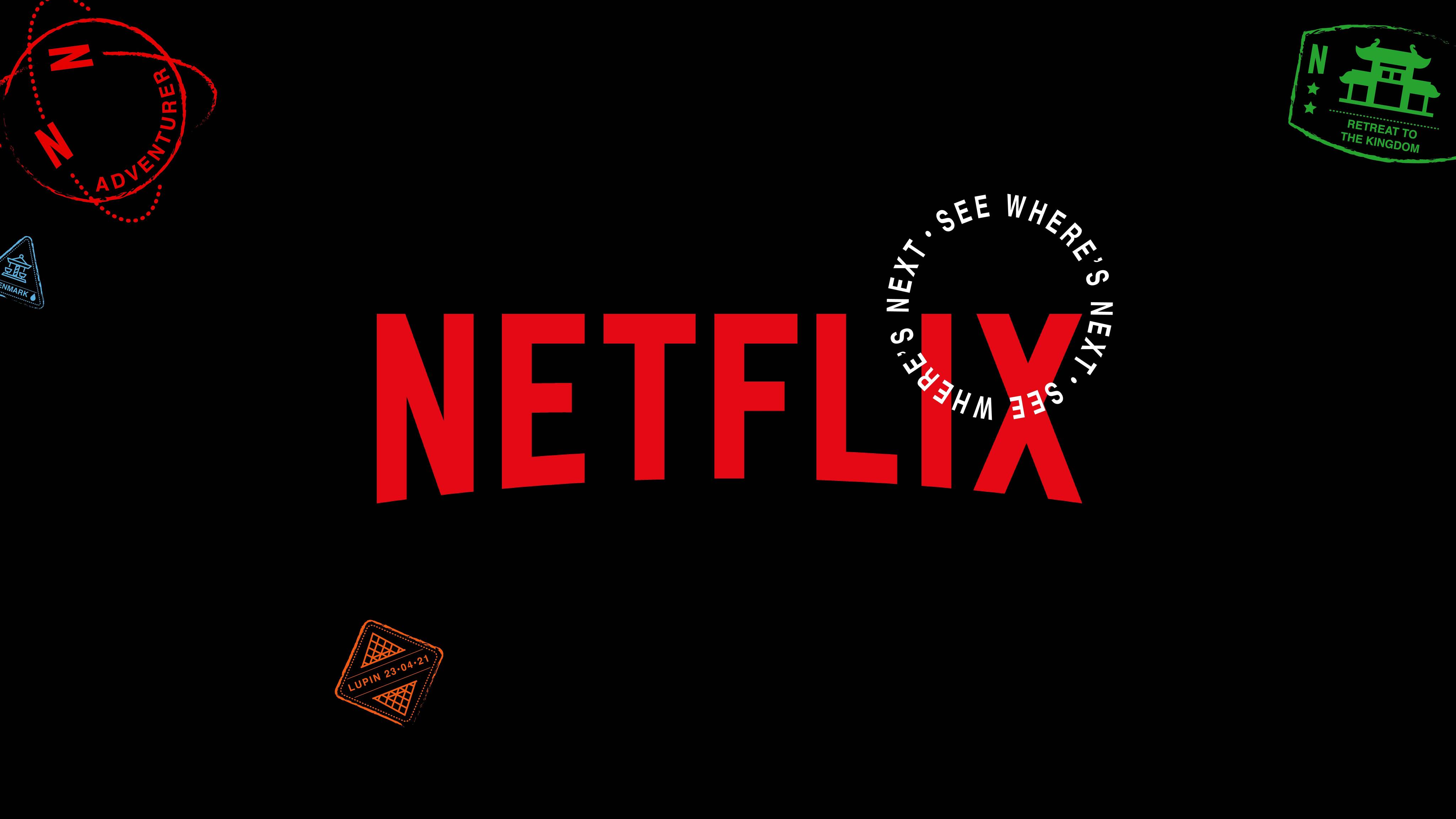 Graphic Communication work by Dominik Sobolewski, Jessie Kaur, Keiran Oshea, Madelene Rourke showing a D&AD Submission for Netflix. The Netflix logo is on a black background with a white text stamp over the 'ix', saying 'see where's next'