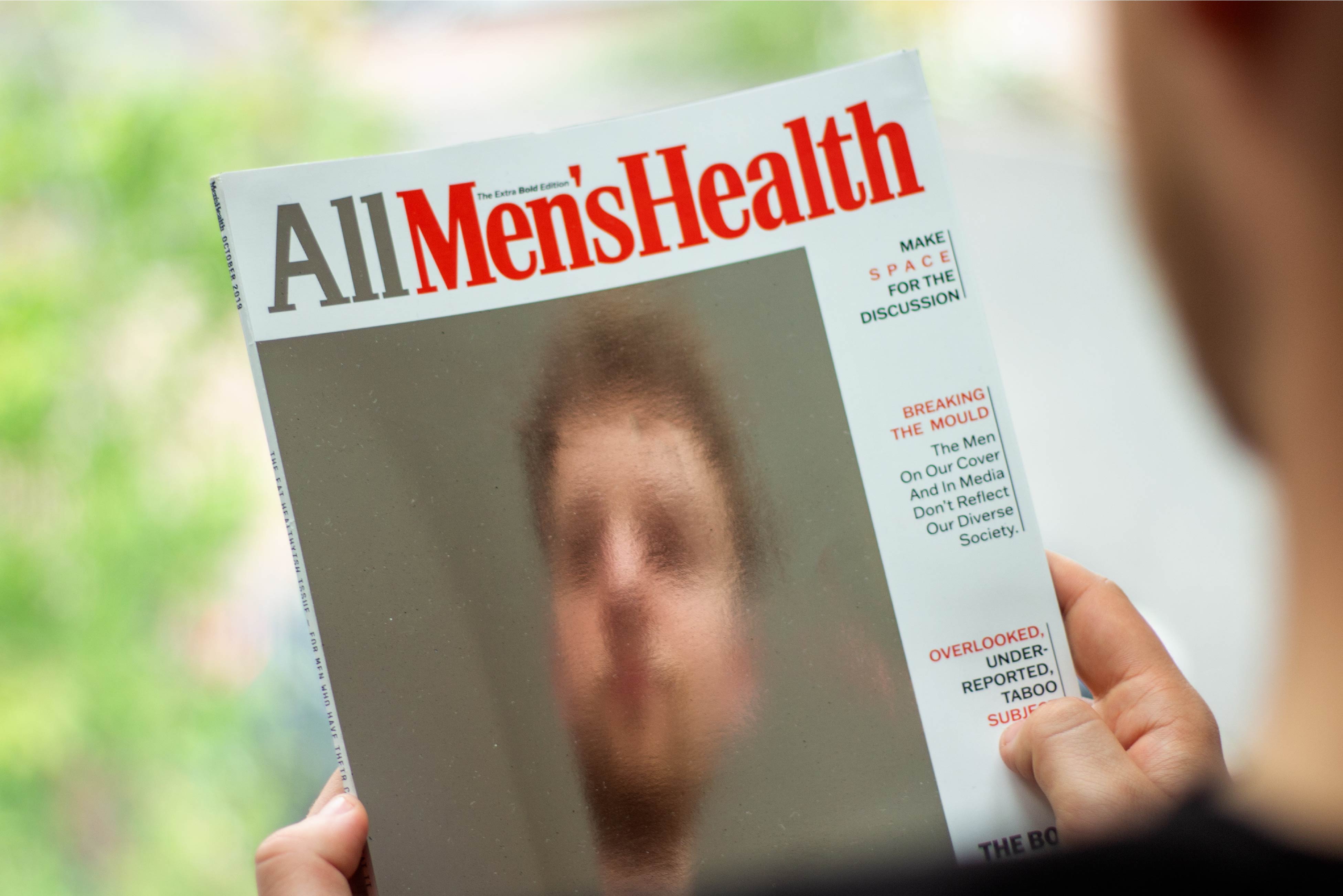Graphic Communication work by Dominik Sobolewski showing a design for good campaign created in partnership with Men's Health. The magazine masthead says 'All Mens' Health' with an blurred image of a man on the front cover.