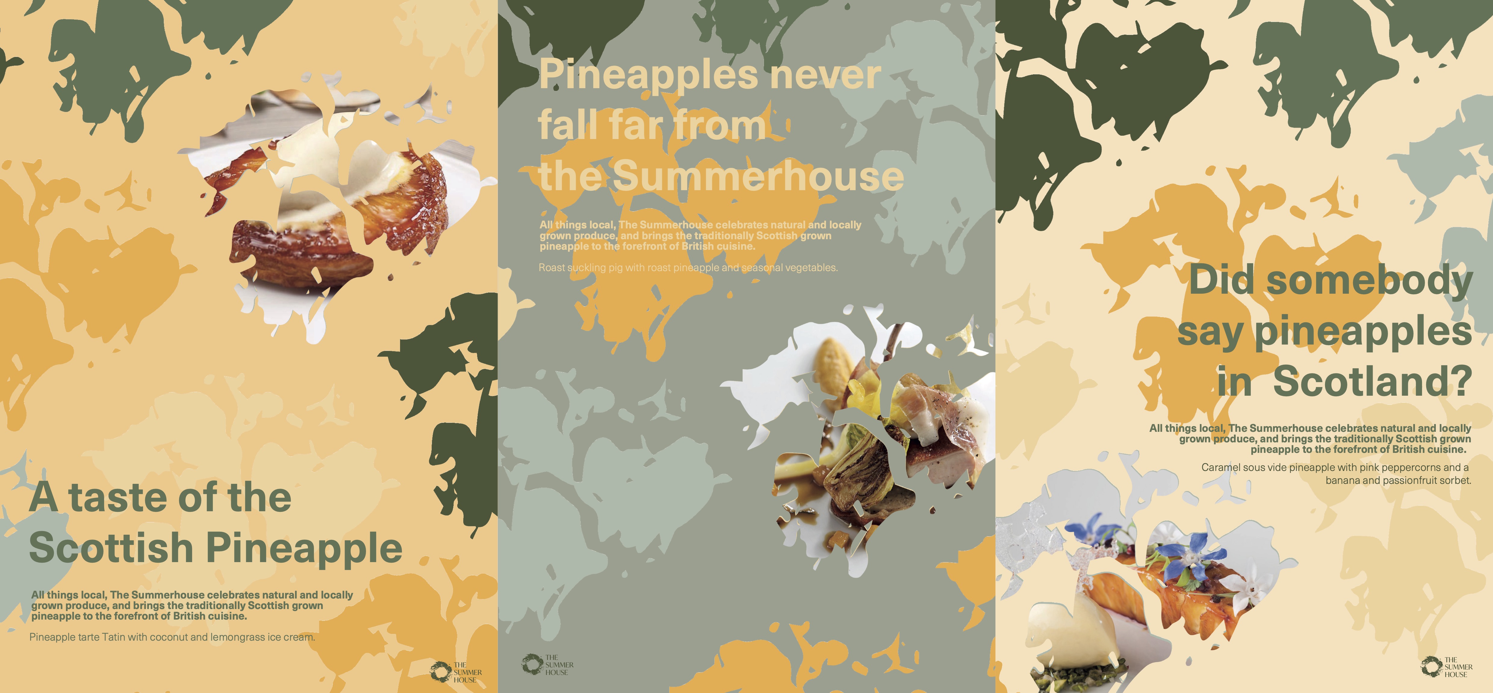 side by side presentation of 3 posters for a Pineapple themed restaurant