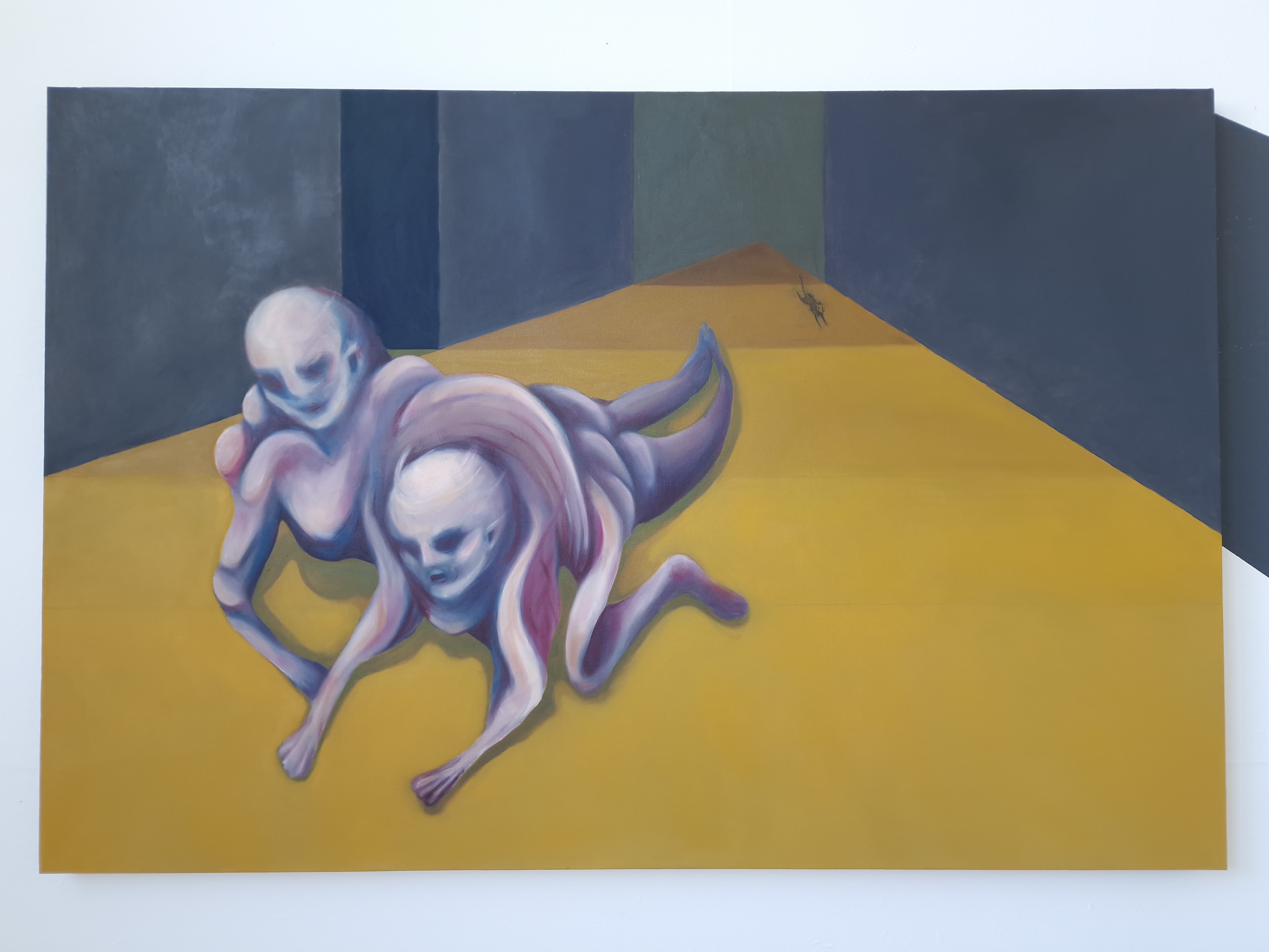 An oil painting by Elena Genovese that depicts two figures and a dog-like animal travelling through liminal space. The figures' bodies are merging together in the foreground and the animal is in the distance.