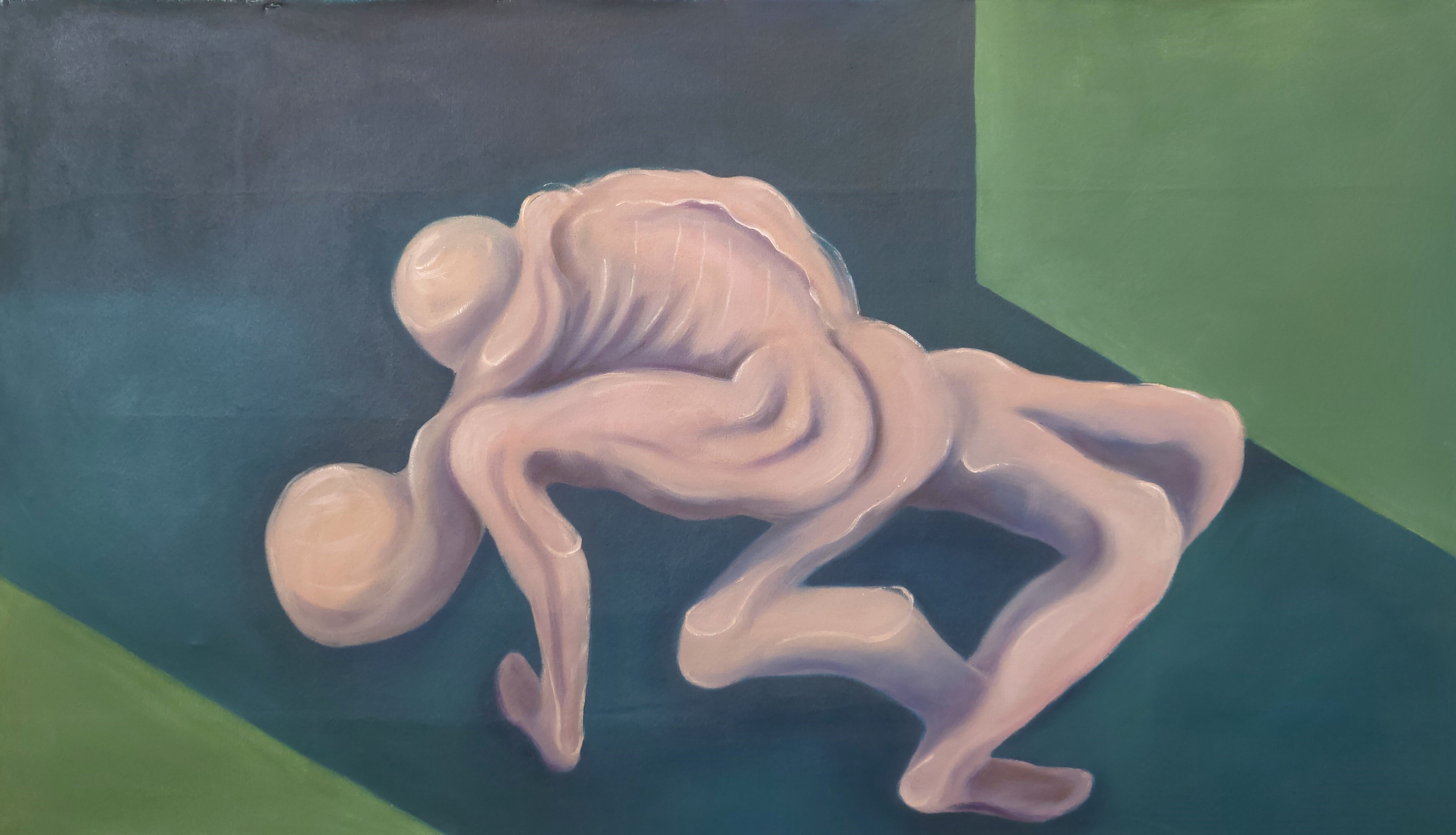 An oil painting by Elena Genovese shows two figures merging together in a flat liminal space.