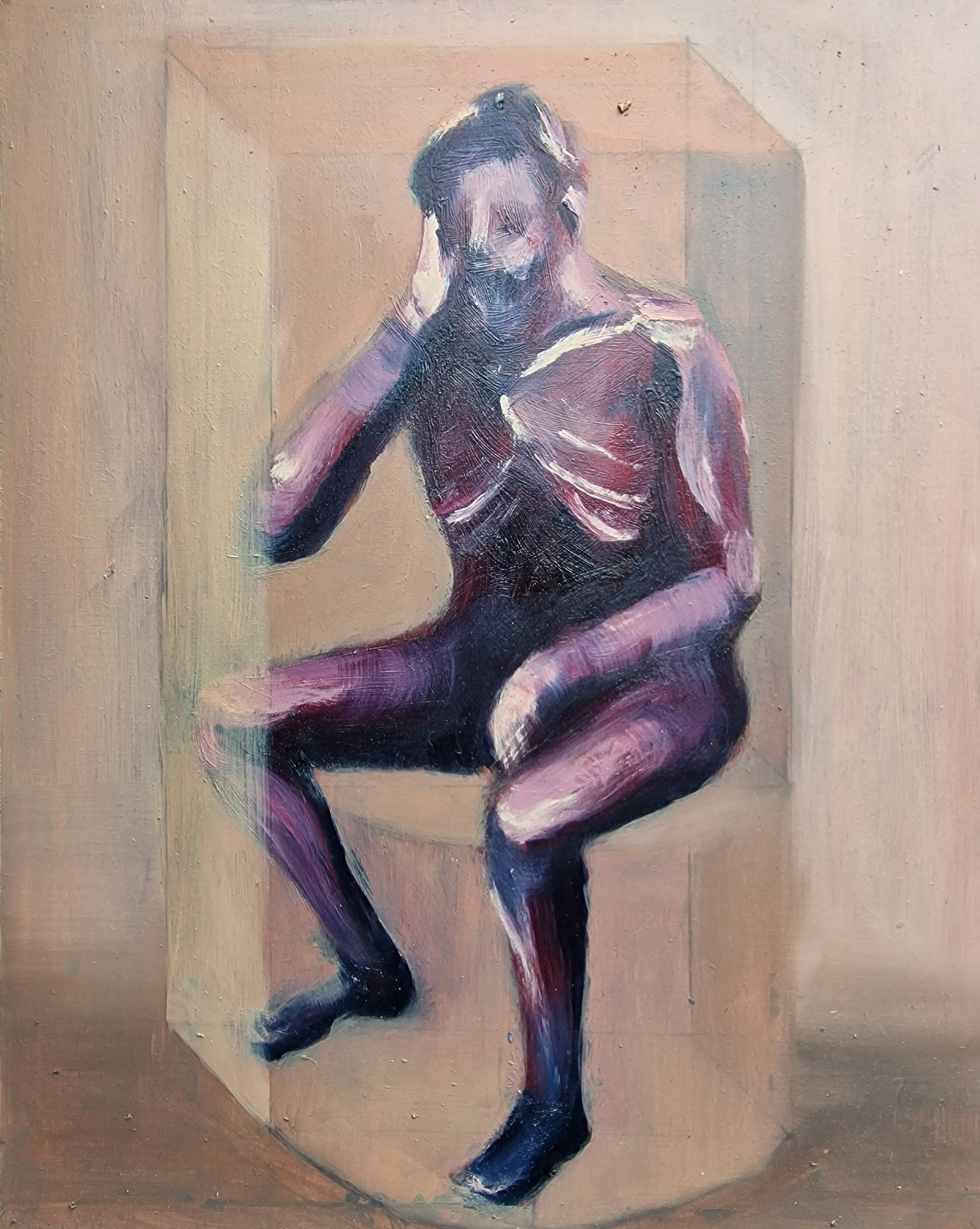 An oil painting by Elena Genovese shows a figure sitting in a flat liminal space.