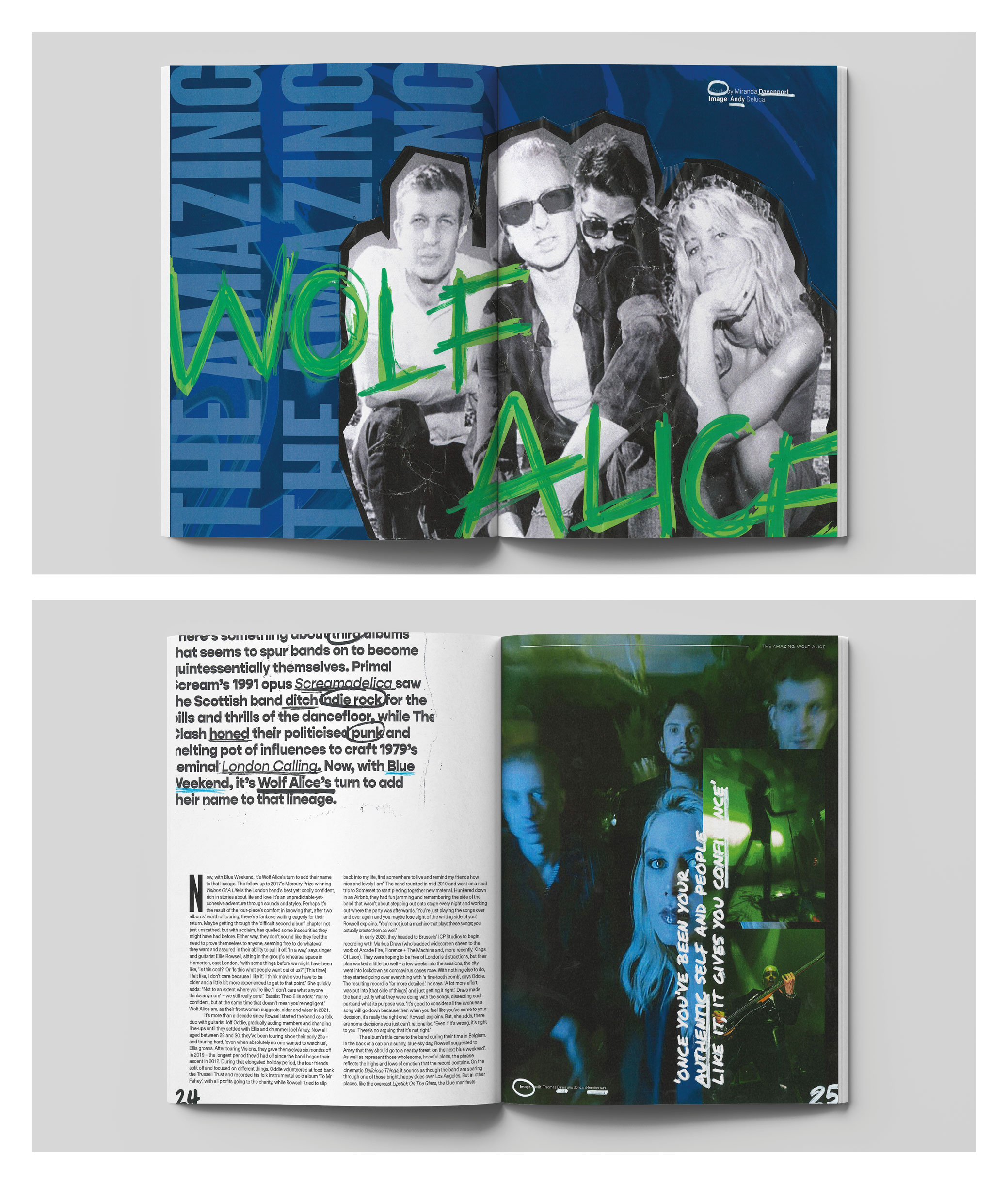 A graphic editorial piece on the band Wolf Alice with a bold and chaotic typographic approach with a collage feel using a green and blue colour palette.