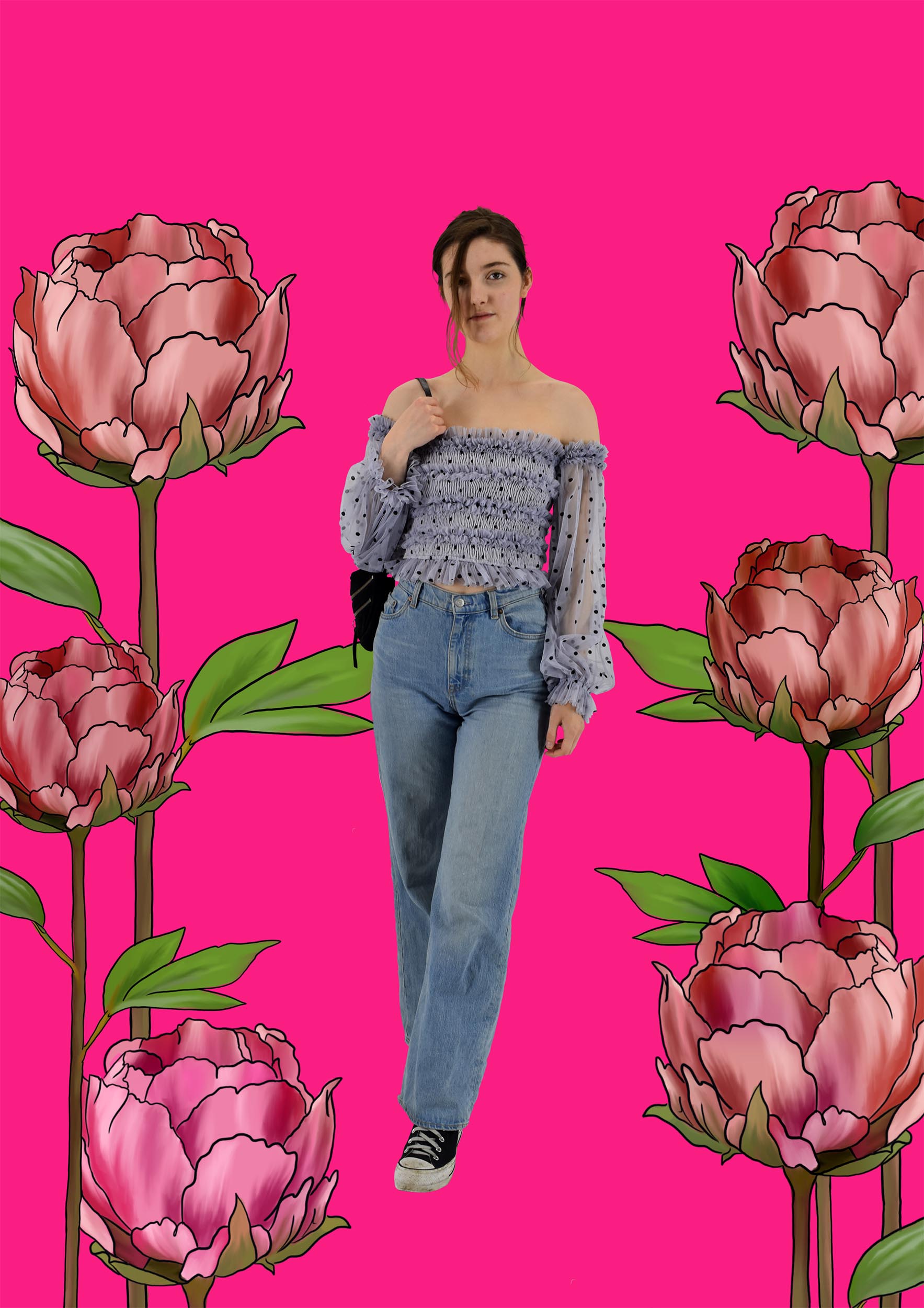A woman looking forward is stood in the middle of a bright pink background, surrounded by large illustrated pink Peonies.