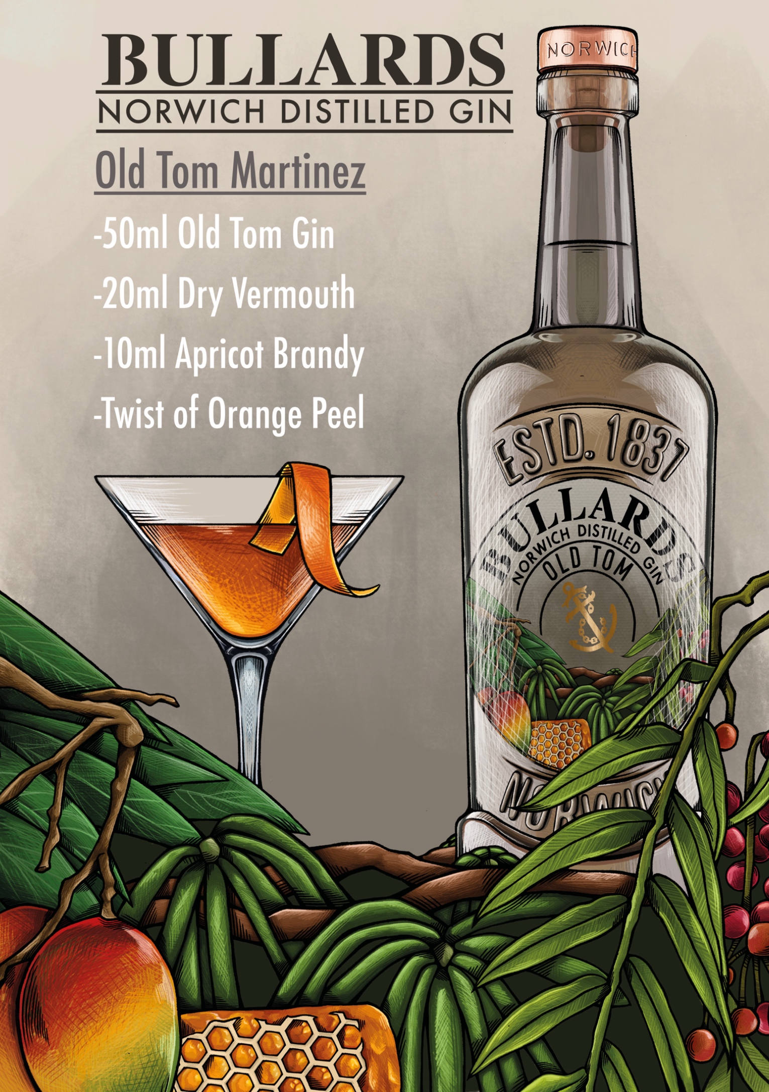BA Illustration work by Elliott Adams, Showing a Poster created for Bullards Gin, featuring a clear bottle of Bullard's gin, an orange cocktail in a martini glass, surrounded by foliage and fruits. Above the glass is the cocktail recipe.
