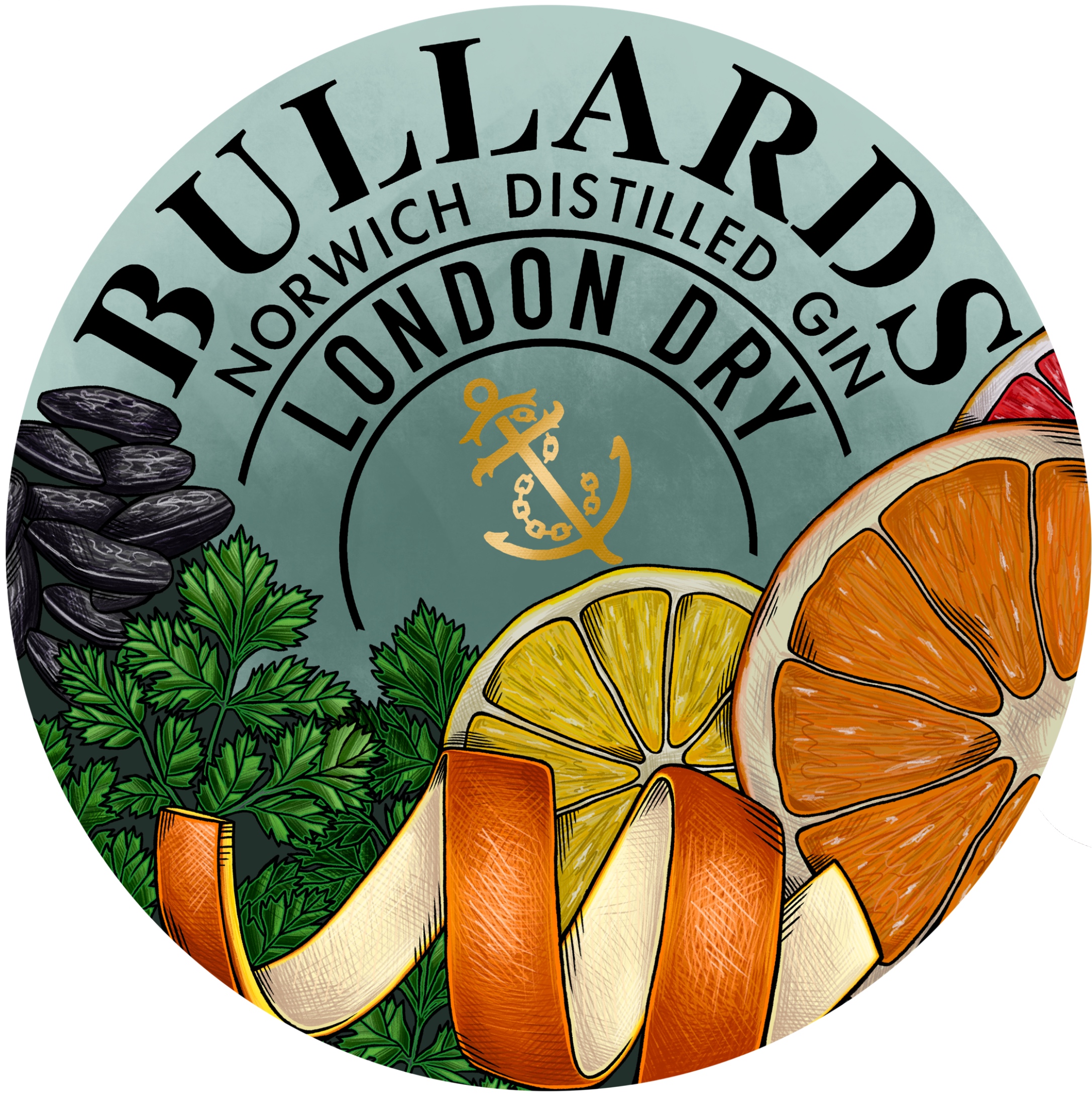 BA Illustration work by Elliott Adams, Showing a label created for Bullards Gin, depicting slices of lemon and orange, curled orange peel, herbs and spices on a blue background