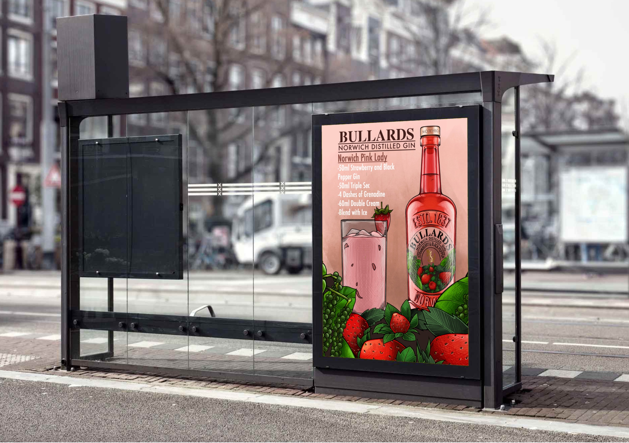 BA Illustration work by Elliott Adams, Showing a 3D Mockup of a Poster created for Bullards Gin