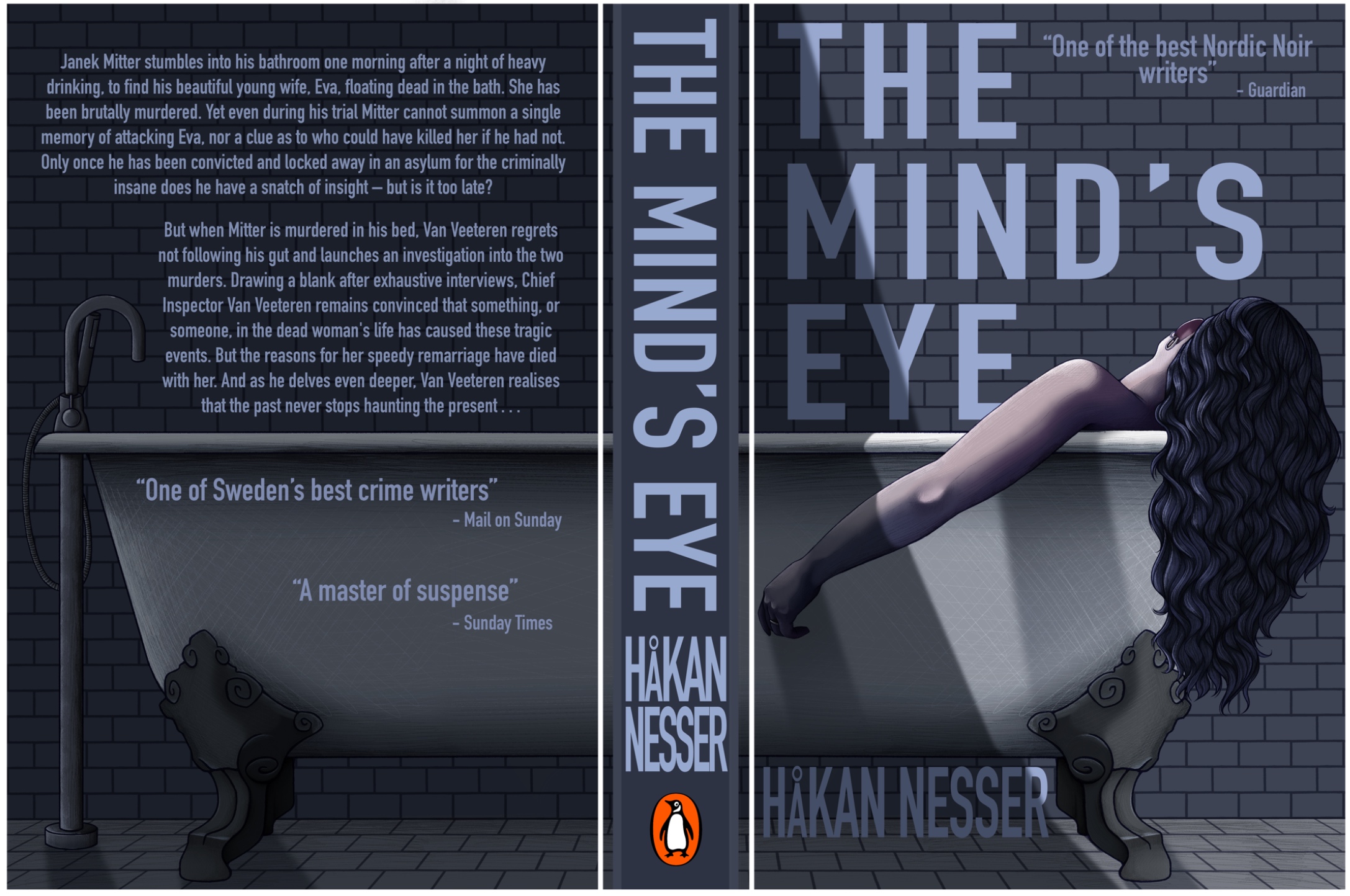 BA Illustration work by Elliott Adams, Showing a Book Jacket for 'The Mind's Eye' by Hakan Nesser, featuring a woman laying in a bathtub with her hair hanging over the edge, in a moody palette of greys and blues