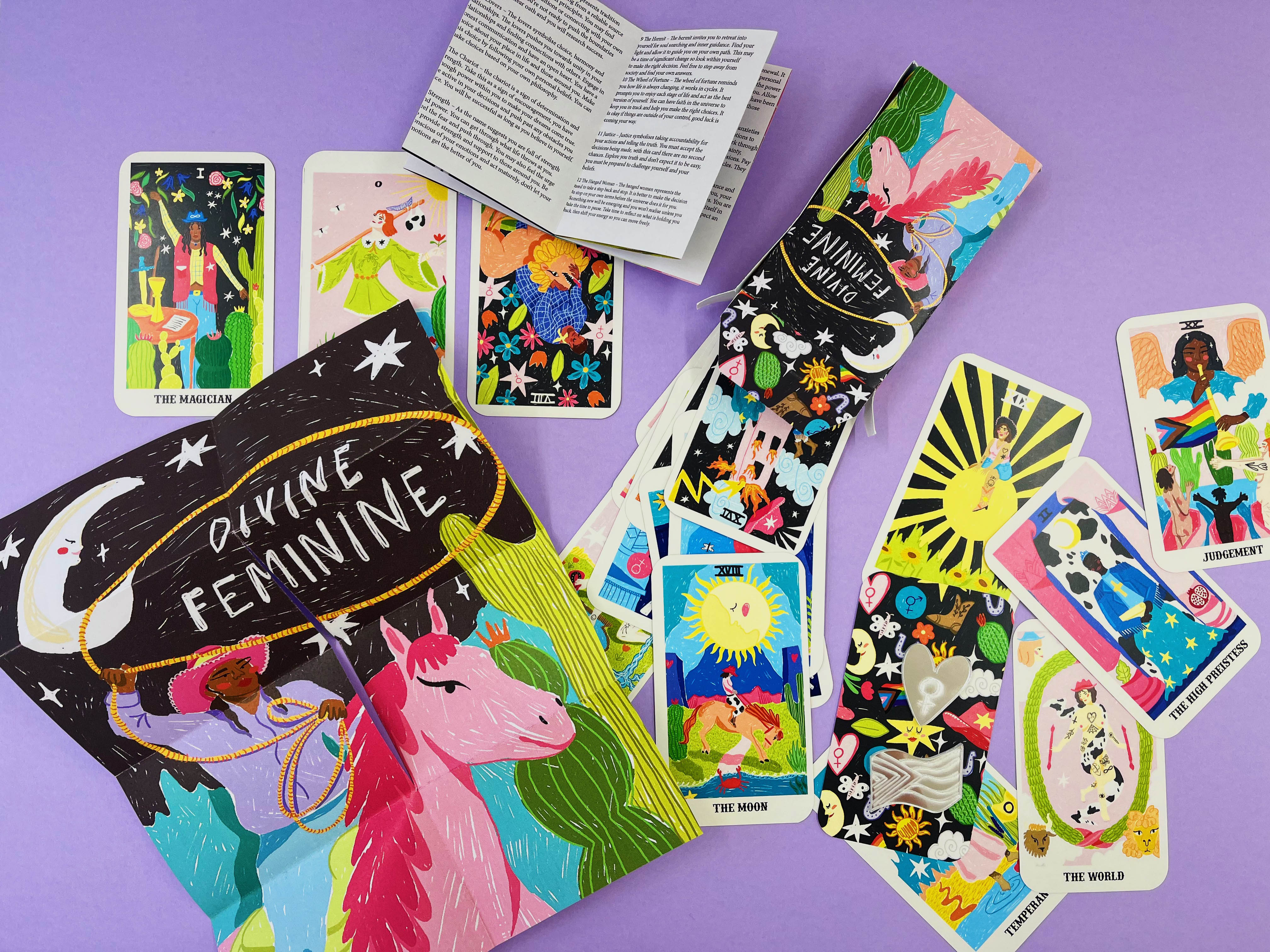 BA Illustration work by Emily Foster showing an illustrated tarot deck, the box, a booklet and a pin badge on a purple background.
