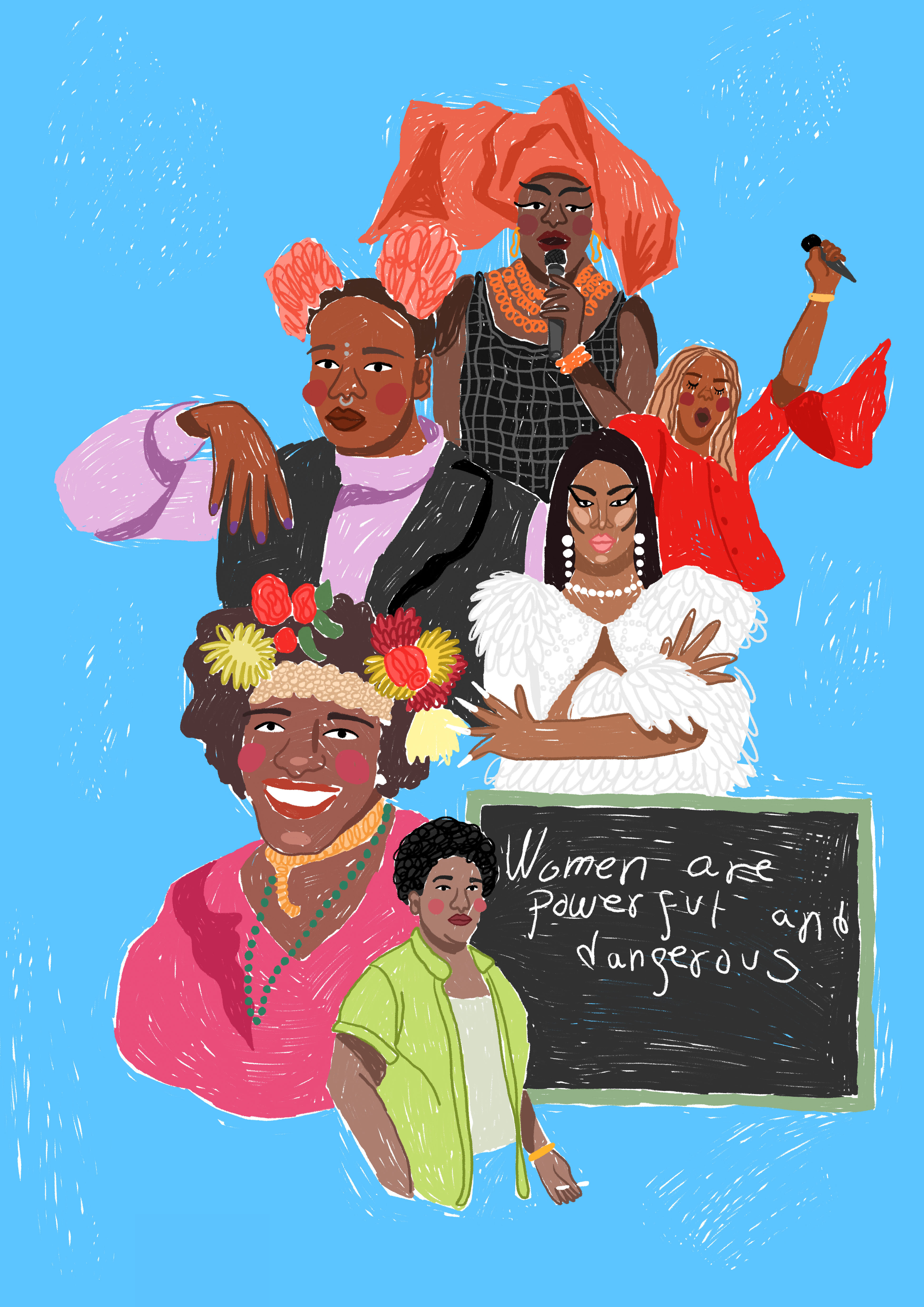 BA Illustration work by Emily Foster showing a group of queer icons, including Marsha P. Johnson, and Tayce, on a bright blue background.