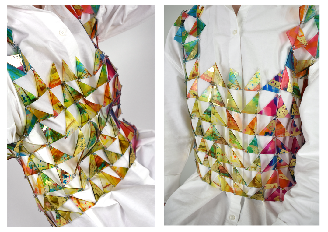 BA Textile Design work by Emily Shires. Showing a breastplate garment, with gold shiny accents.