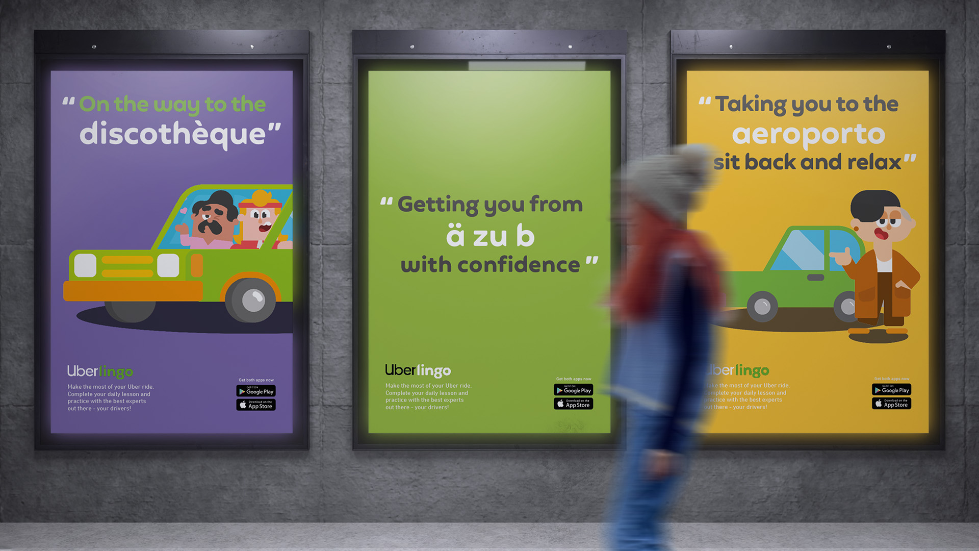 D&AD New Blood Duolingo competition entry group work, showing a fun engaging social media campaign between Duolingo and Uber.