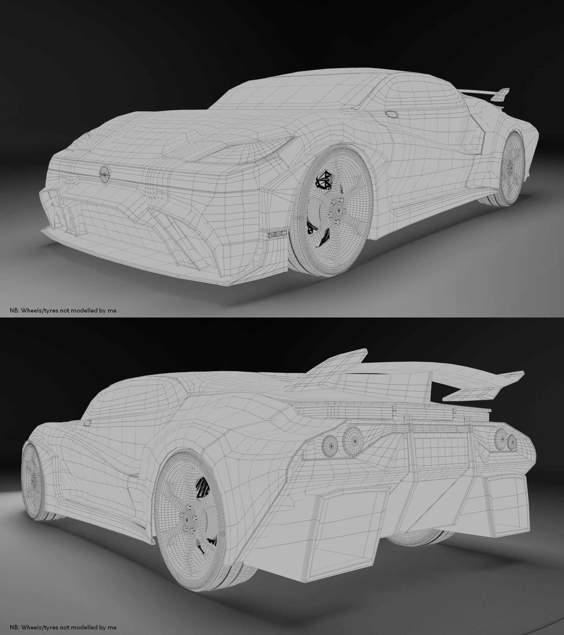 BA Visual effects work by Emily Woodhead, showing the wireframe model mesh of a sporty, modern supercar 3D model.